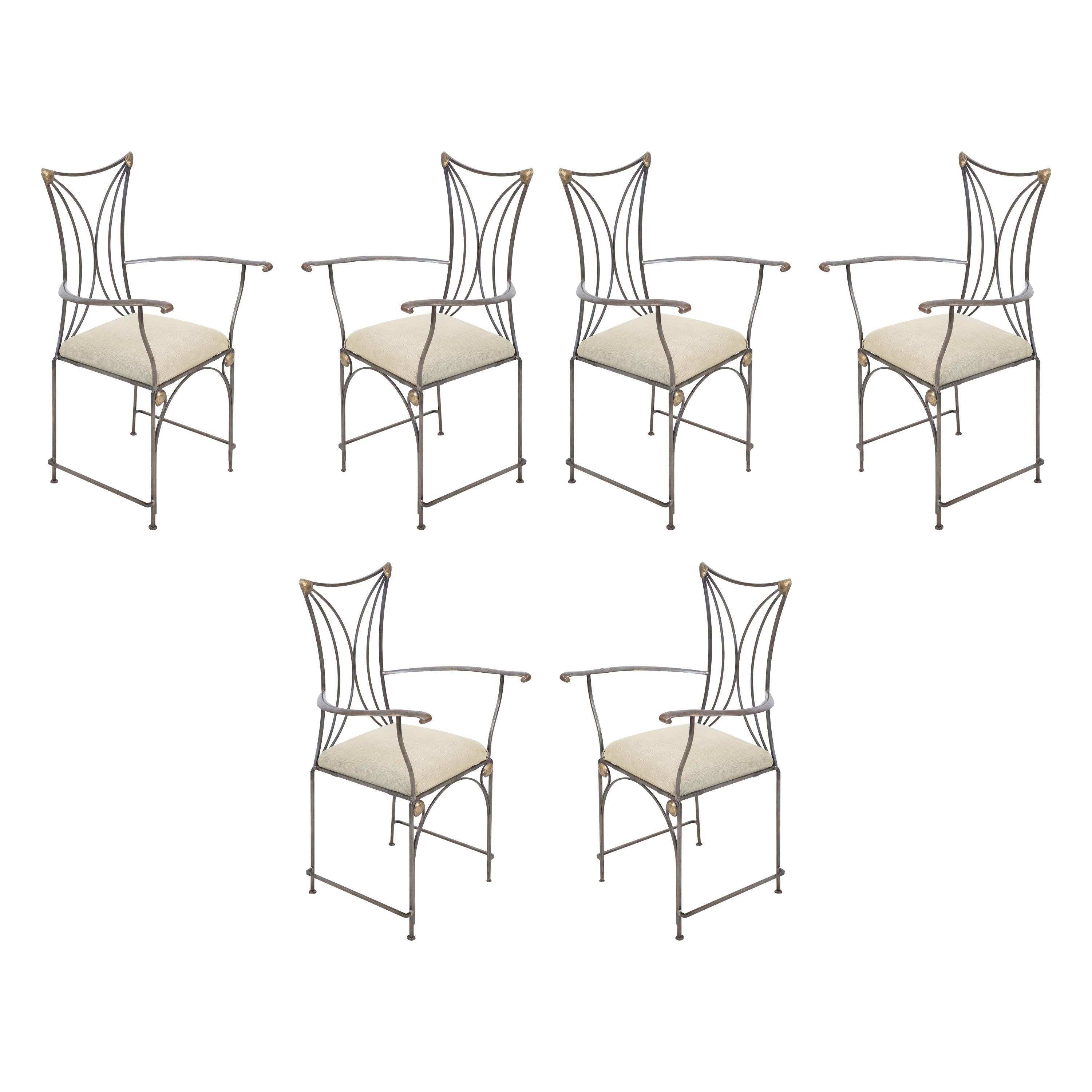 Set of Six French Art Deco Cartier Brass and Steel Arm Chairs