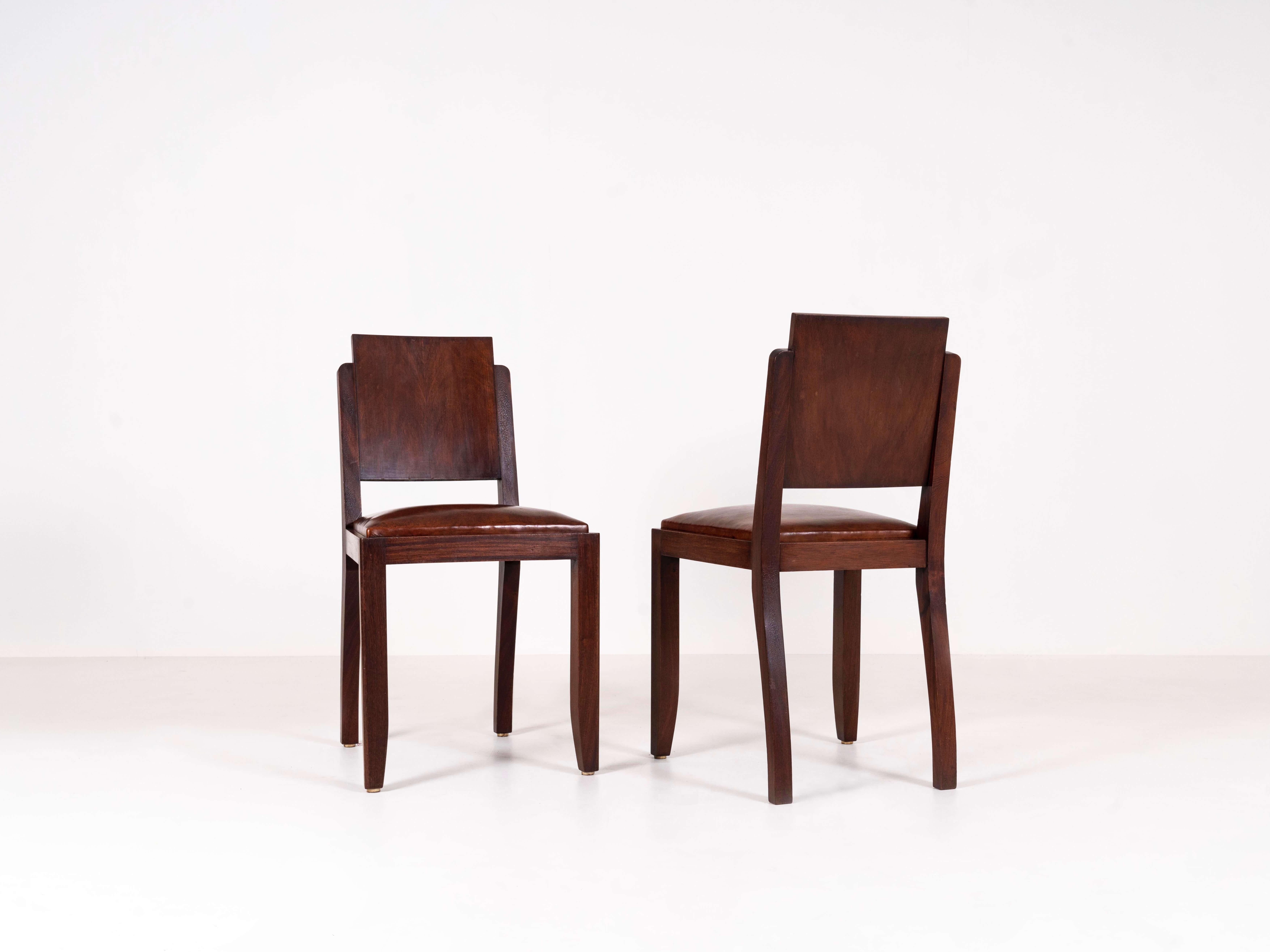 Early 20th Century Set of Six French Art Deco Dining Chairs in Style of Michel Dufet, 1920s