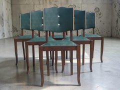 Set of Six French Art Deco Dining Chairs, Walnut and Green Vinyl, 1930s