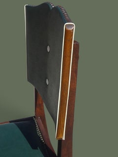 Set of Six French Art Deco Dining Chairs, Walnut and Green Vinyl, 1930s
