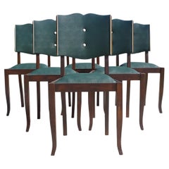Set of Six French Art Deco Dining Chairs, Walnut and Green Vinyl, 1930s