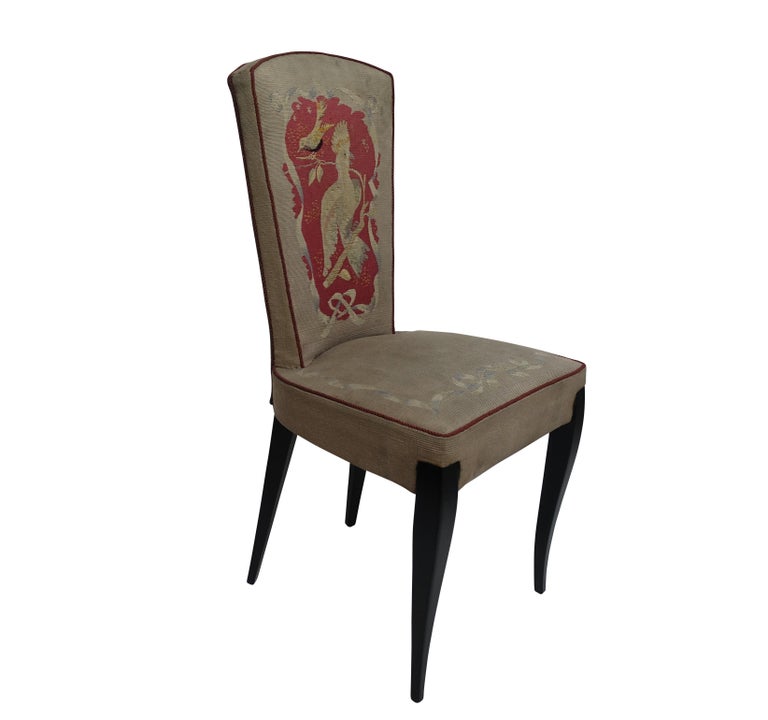 Set of Six French Art Deco Dining Chairs with Bird Scene Tapestry Upholstery For Sale 5
