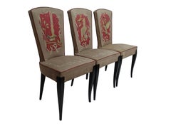 Set of Six French Art Deco Dining Chairs with Bird Scene Tapestry Upholstery