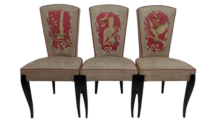 Lacquered Set of Six French Art Deco Dining Chairs with Bird Scene Tapestry Upholstery For Sale