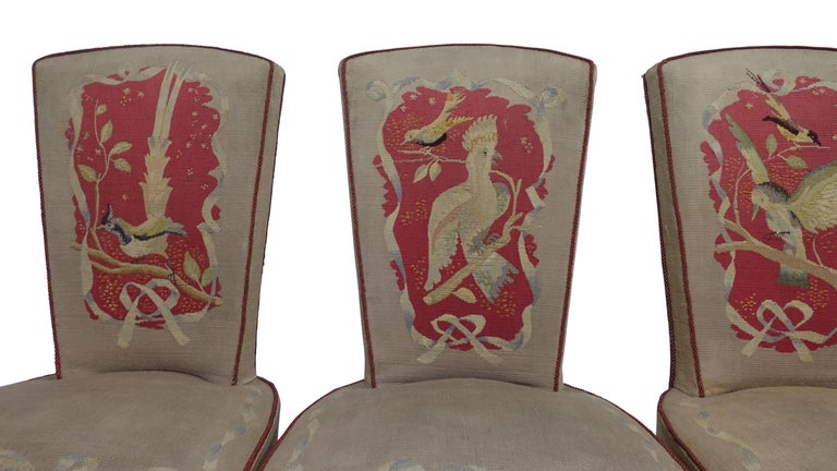Set of Six French Art Deco Dining Chairs with Bird Scene Tapestry Upholstery In Good Condition For Sale In San Francisco, CA