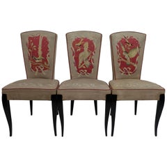 Set of Six French Art Deco Dining Chairs with Bird Scene Tapestry Upholstery