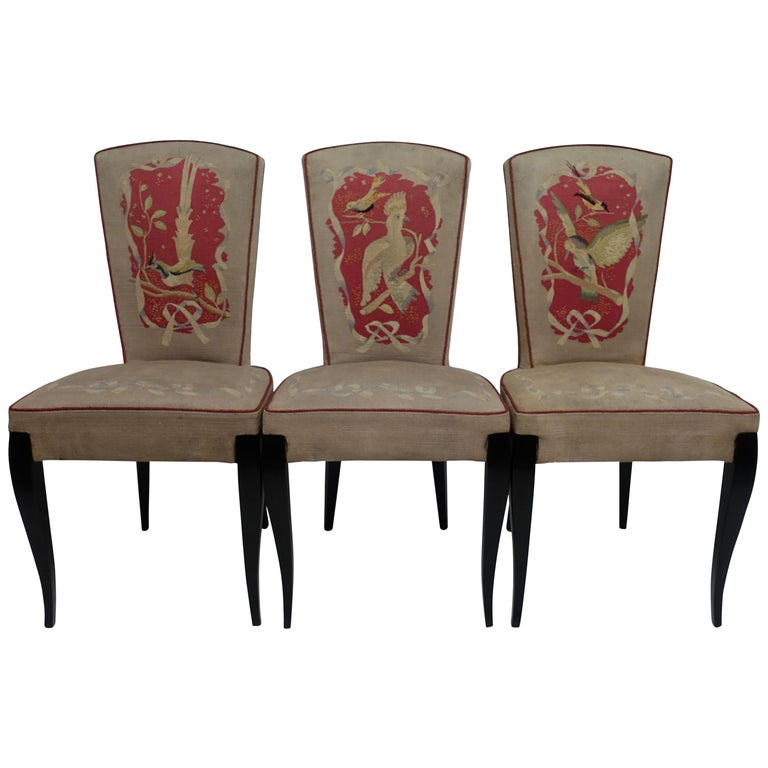 Set of Six French Art Deco Dining Chairs with Bird Scene Tapestry Upholstery For Sale
