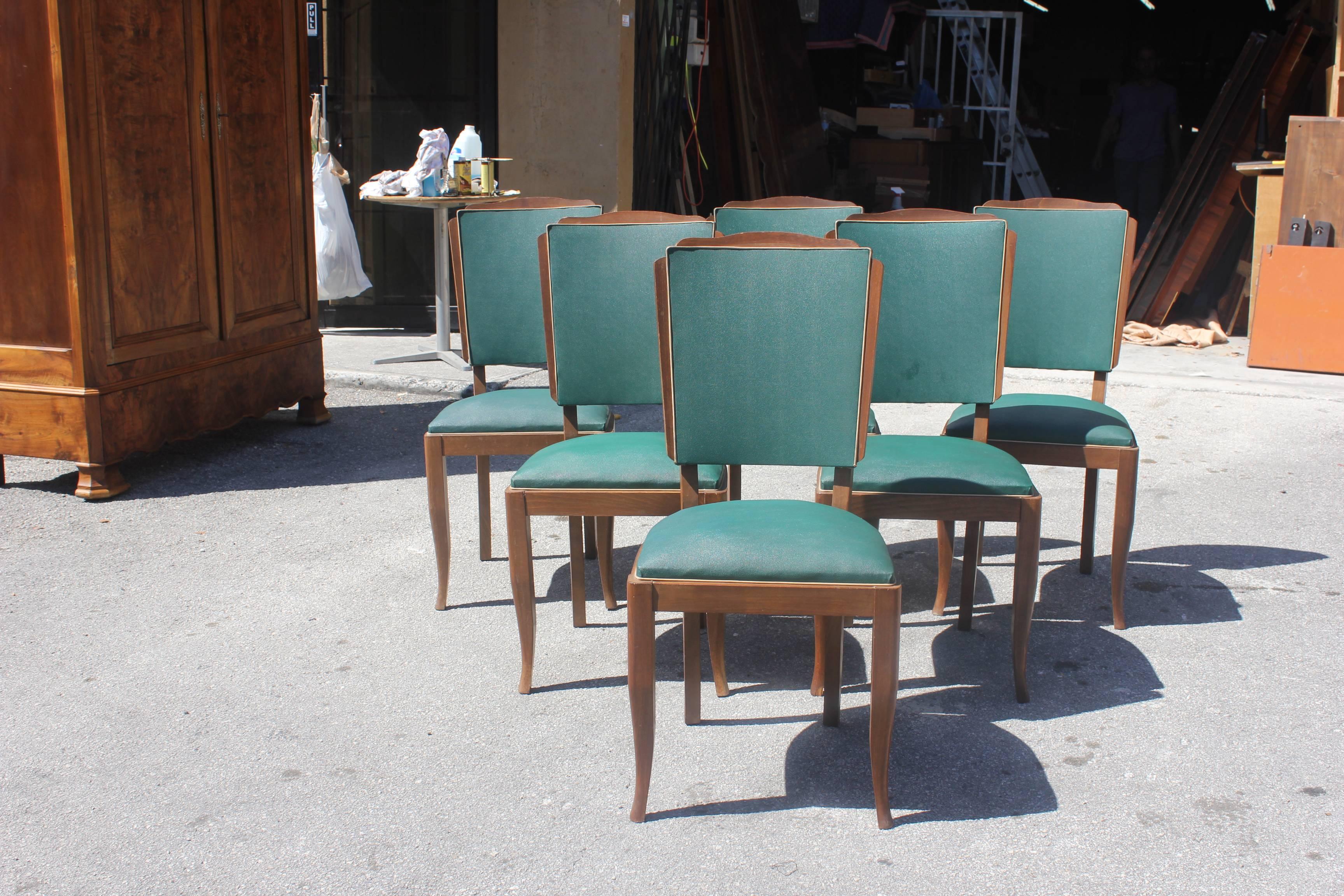 Set of Six French Art Deco Mahogany by Jules Leleu Style Dining Chairs In Excellent Condition In Hialeah, FL