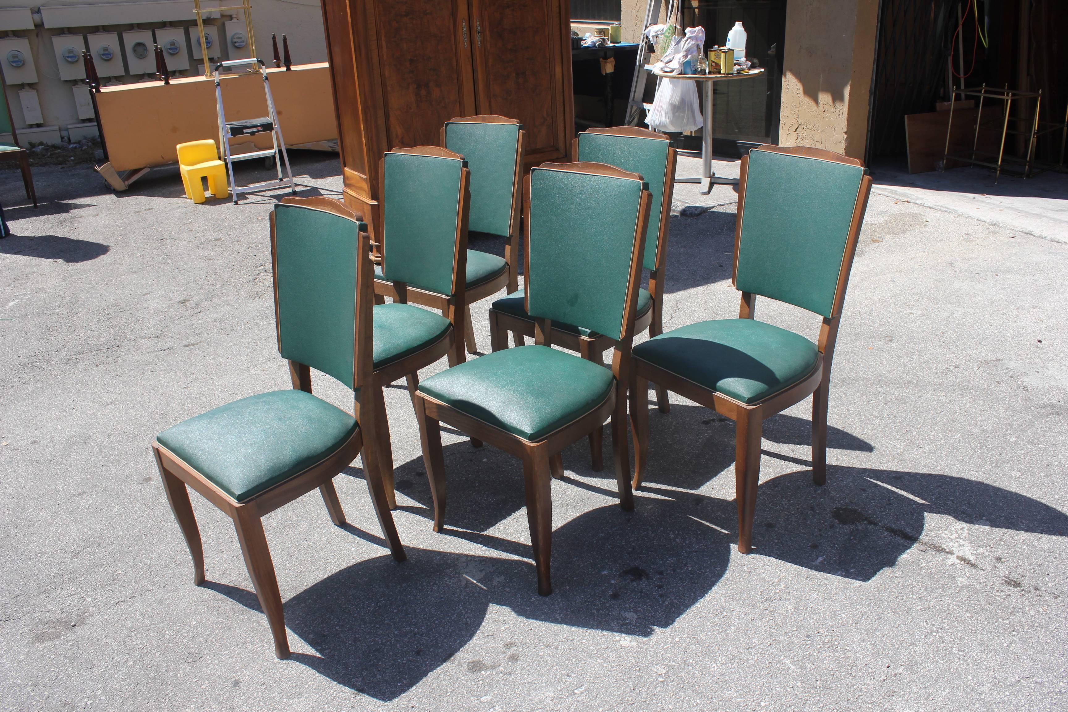 Mid-20th Century Set of Six French Art Deco Mahogany by Jules Leleu Style Dining Chairs