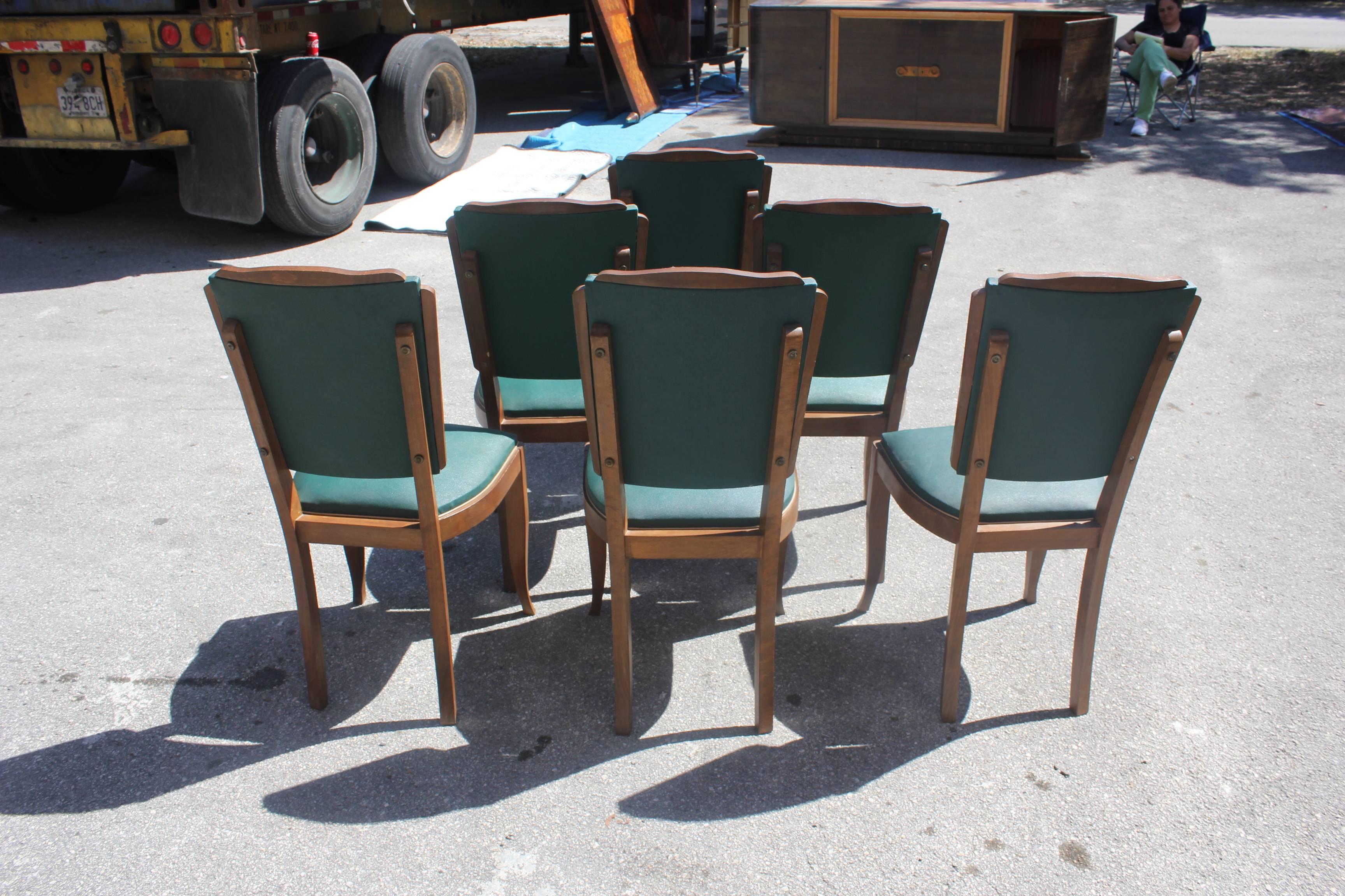 Wood Set of Six French Art Deco Mahogany by Jules Leleu Style Dining Chairs