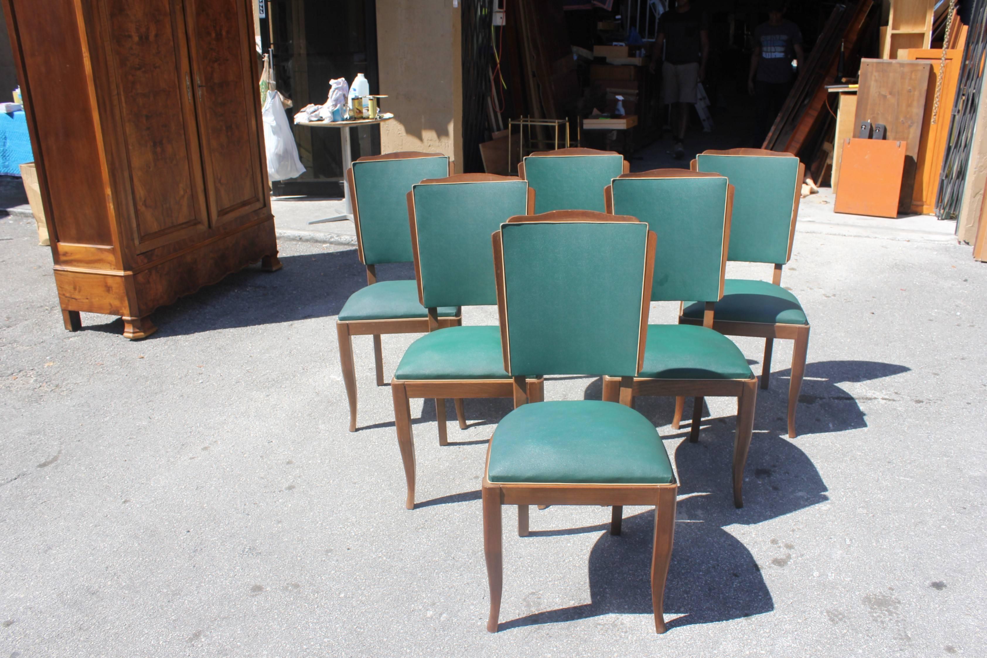 Set of Six French Art Deco Mahogany by Jules Leleu Style Dining Chairs 2