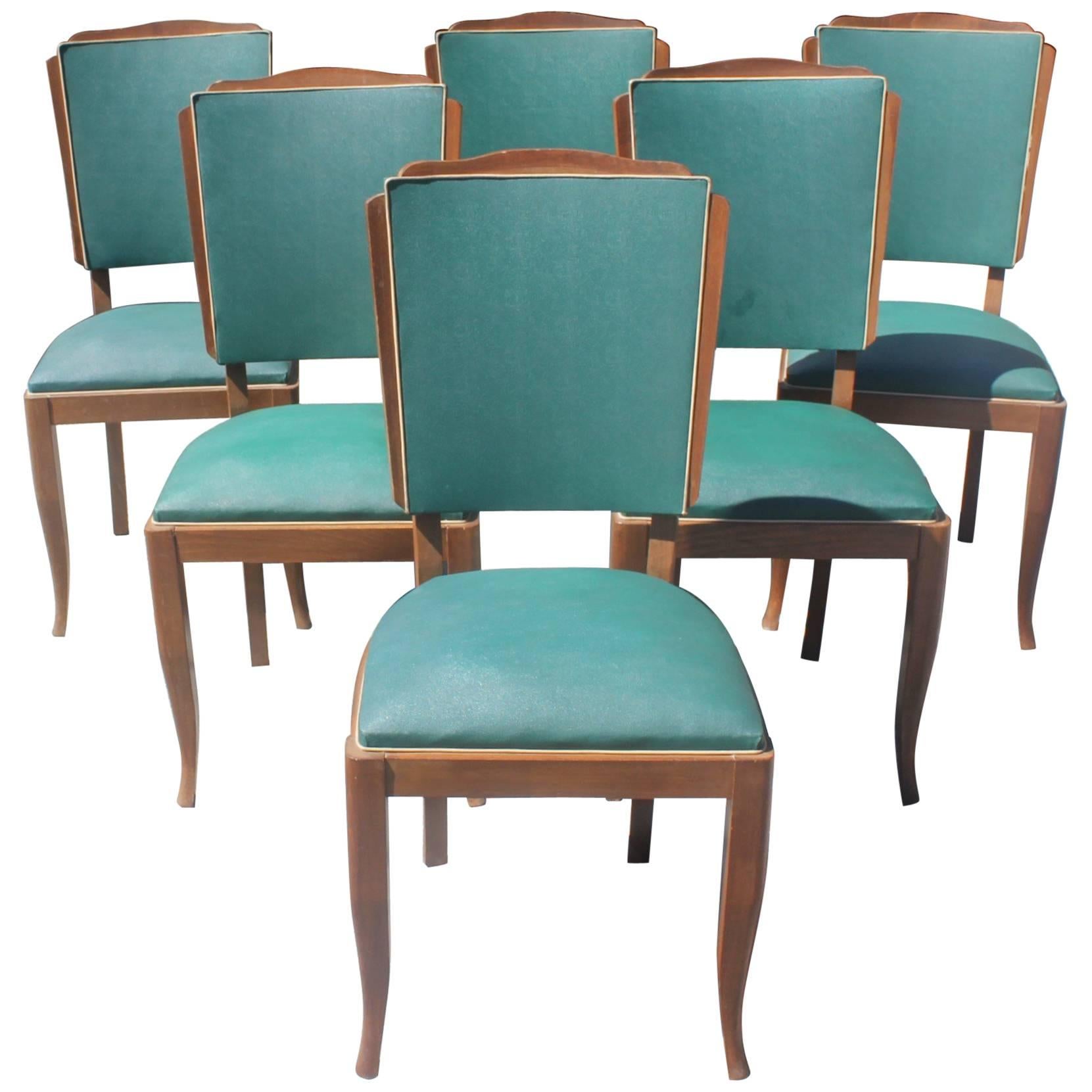 Set of Six French Art Deco Mahogany by Jules Leleu Style Dining Chairs