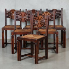 Sechser-Set französischer Art-Déco-Esszimmerstühle aus Eiche mit Sitzflächen aus Binsengeflecht, 1930er Jahre