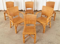 Set of Six French Art Deco Rattan Wicker Dining Chairs