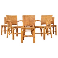 Set of Six French Art Deco Rattan Wicker Dining Chairs