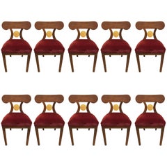 Antique Set of Six French Art Deco Red Velvet Dining Chairs