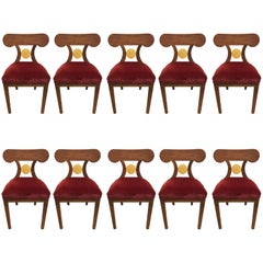 Set of Six French Art Deco Red Velvet Dining Chairs