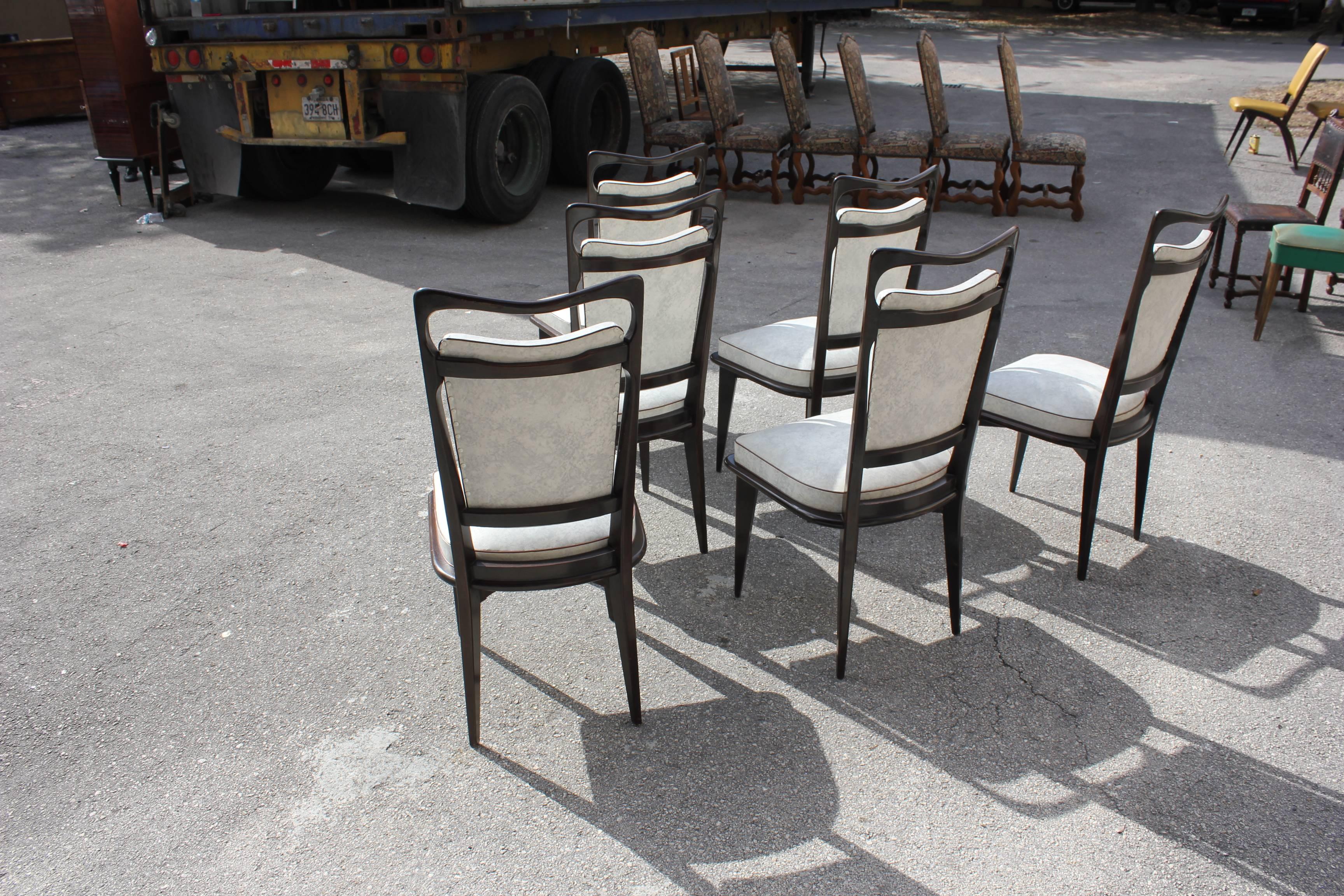 Set of Six French Art Deco Solid Macassar Ebony Dining Chairs, circa 1940 7