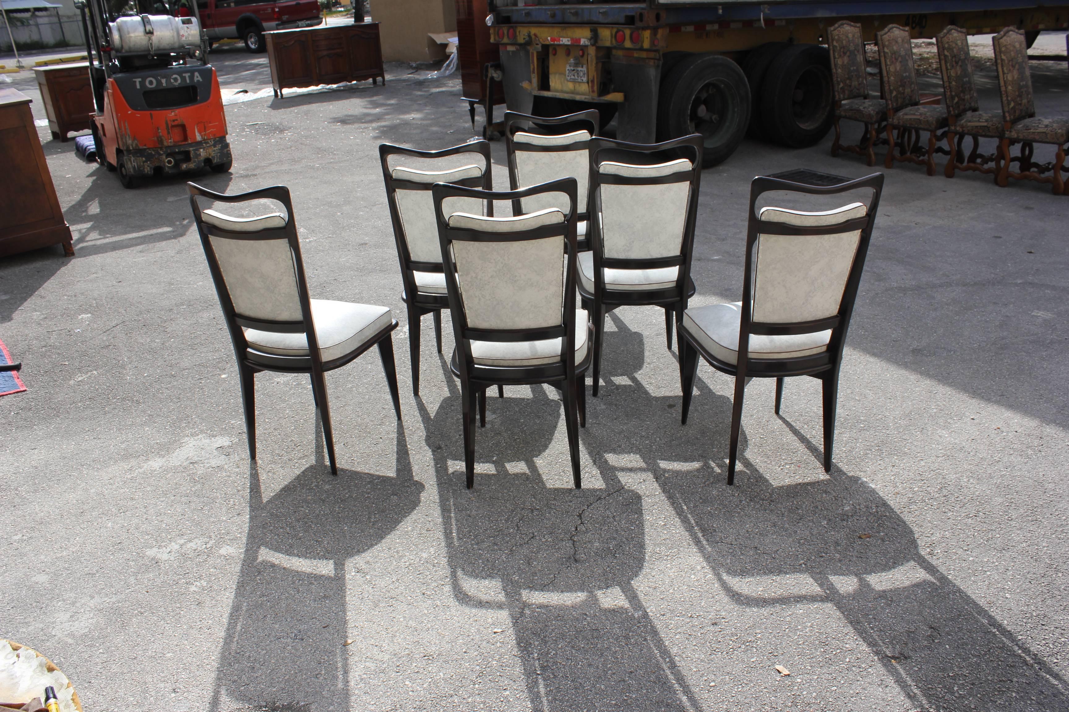 Fabric Set of Six French Art Deco Solid Macassar Ebony Dining Chairs, circa 1940