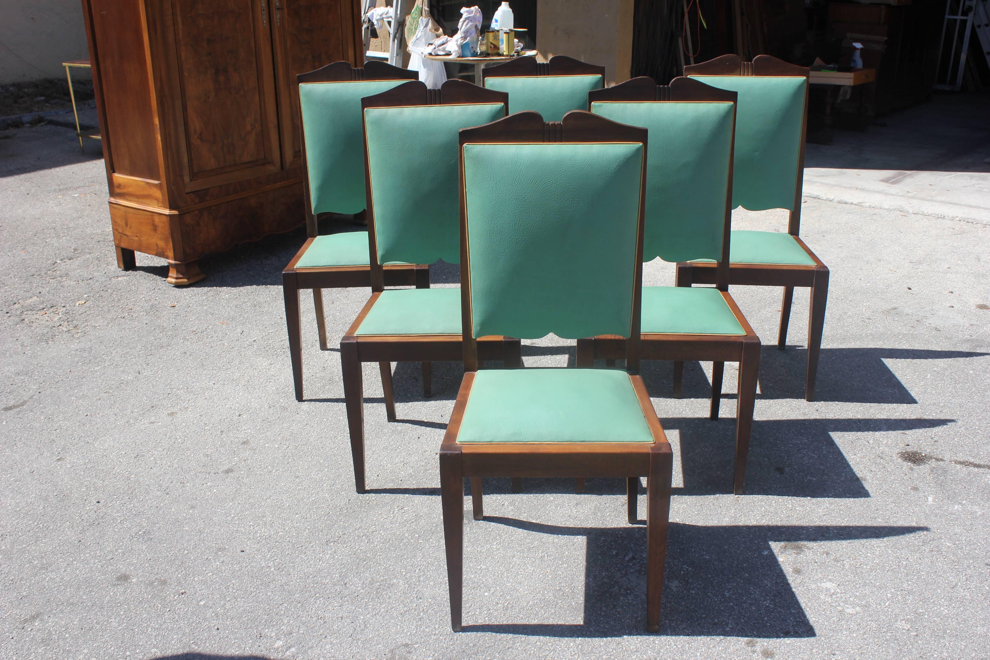 Set of Six French Art Deco Solid Mahogany by Jules Leleu Style Dining Chairs In Good Condition In Hialeah, FL