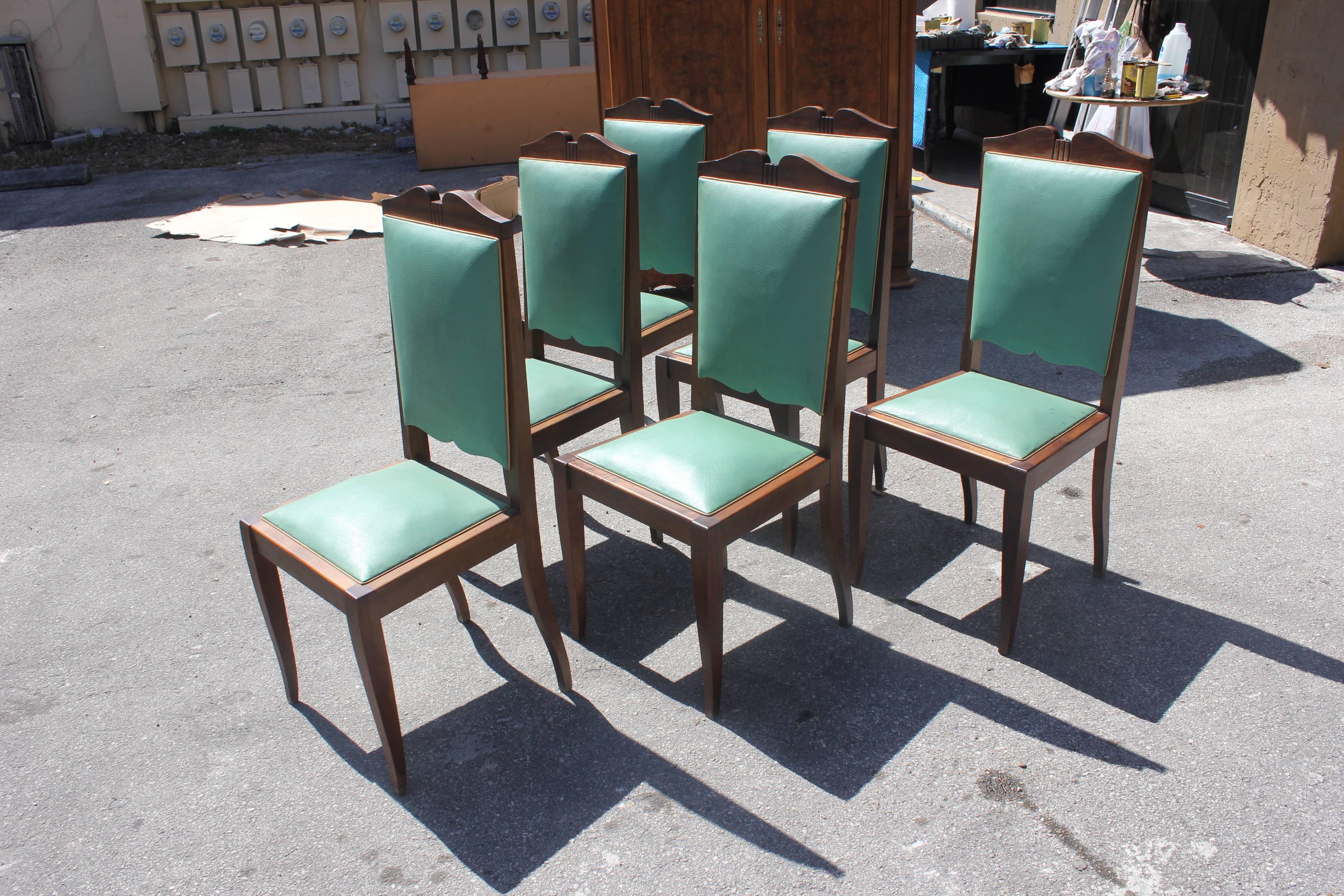 Mid-20th Century Set of Six French Art Deco Solid Mahogany by Jules Leleu Style Dining Chairs