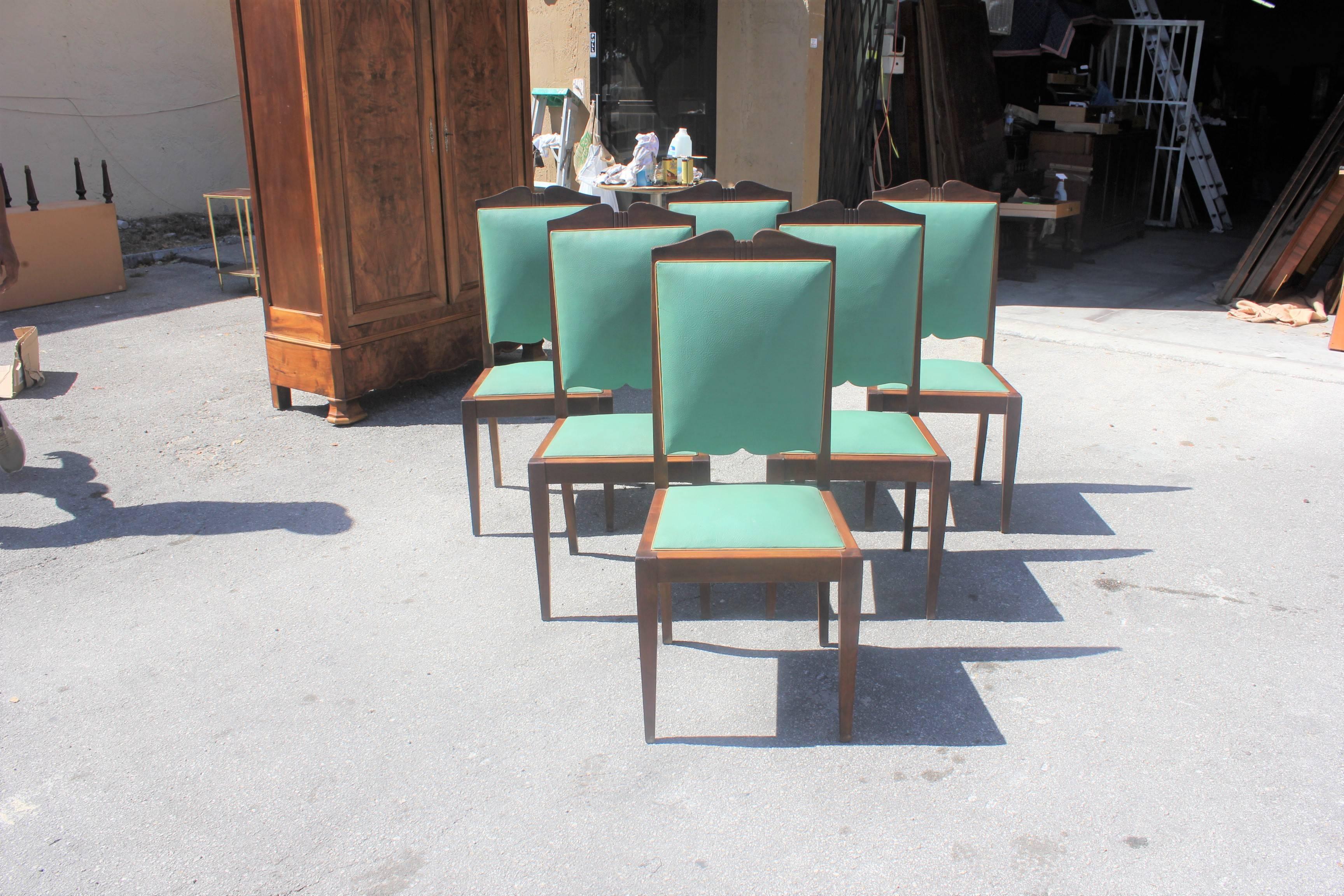 Fabric Set of Six French Art Deco Solid Mahogany by Jules Leleu Style Dining Chairs