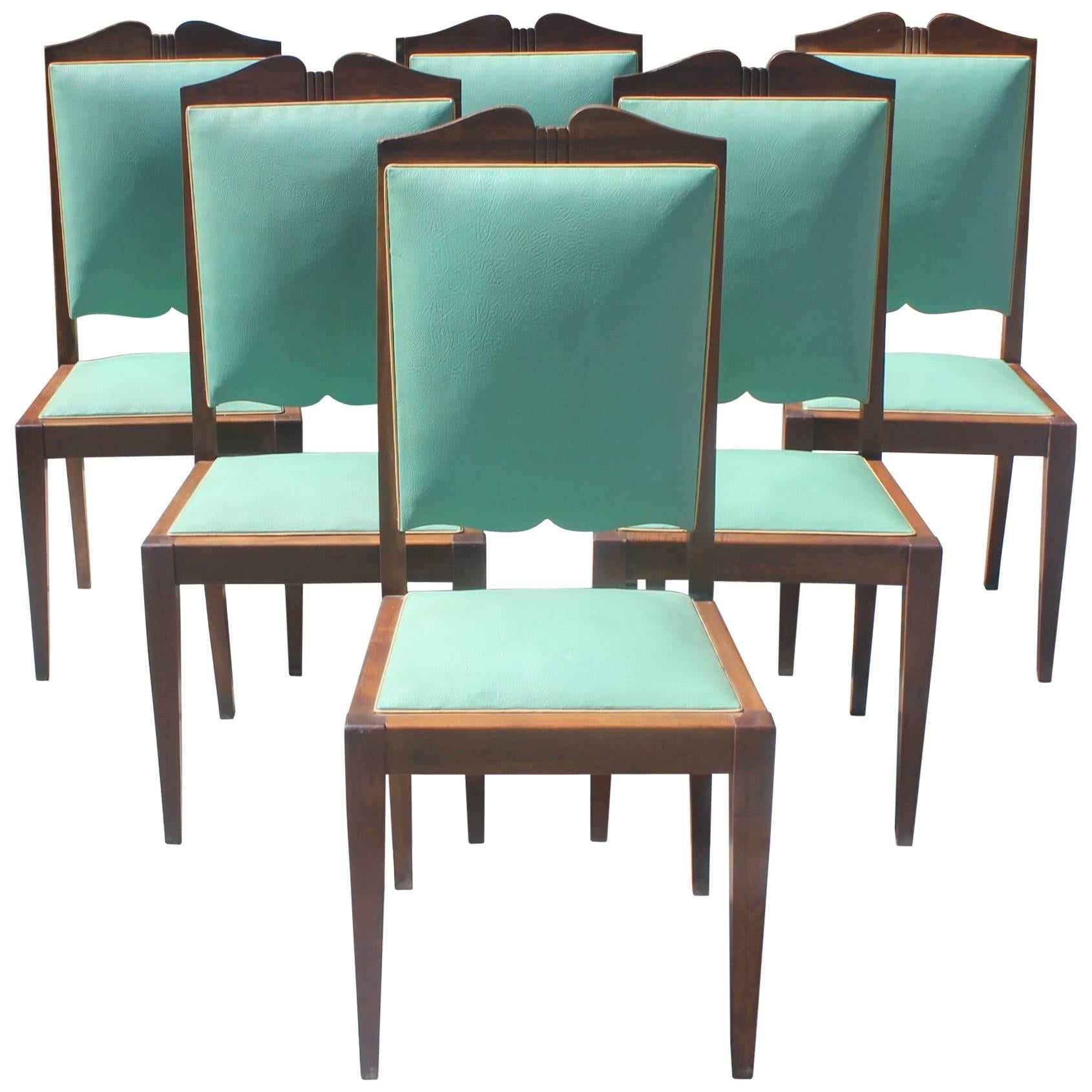 Set of Six French Art Deco Solid Mahogany by Jules Leleu Style Dining Chairs