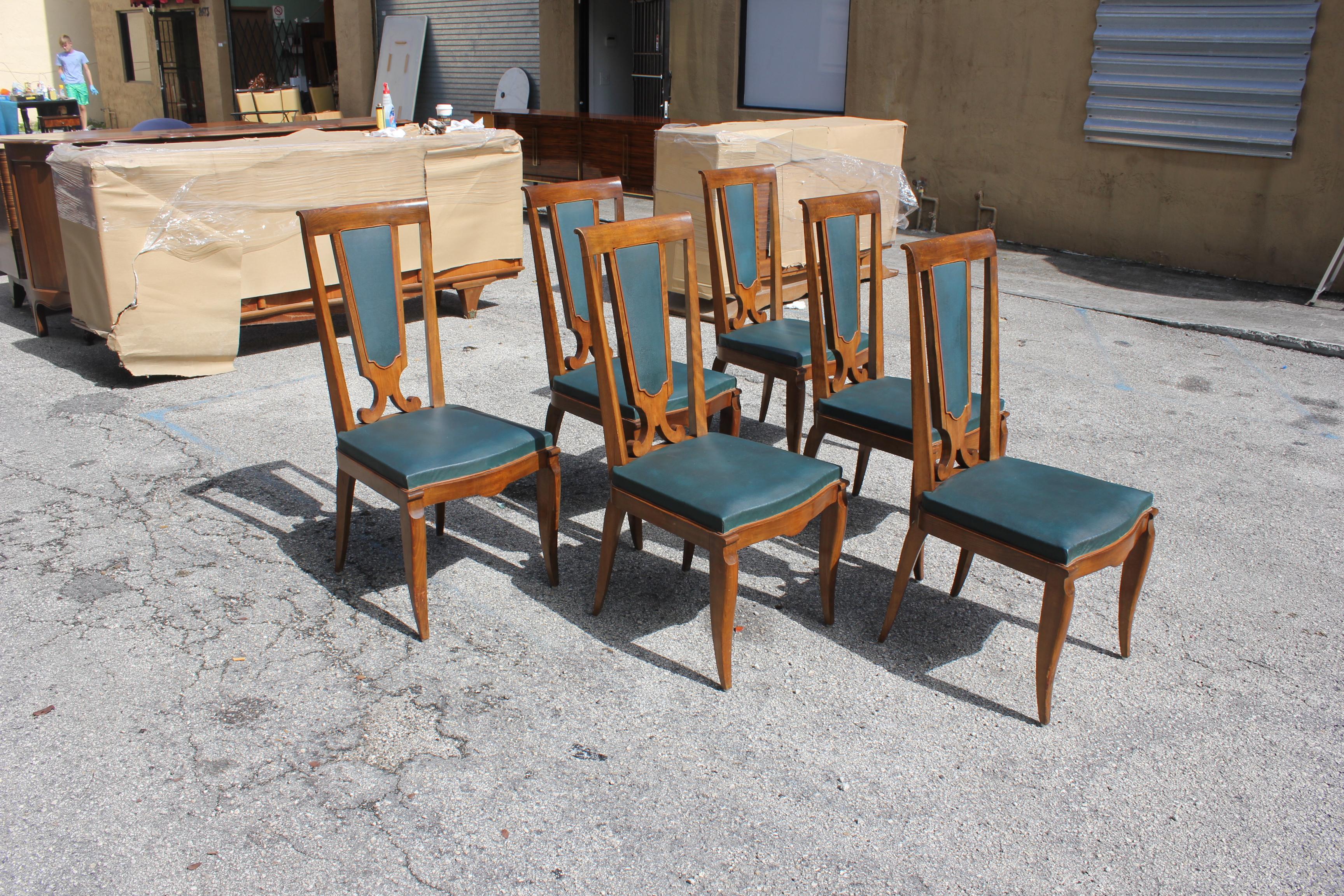 Set of Six French Art Deco Solid Mahogany Dining Chairs by Jules Leleu In Excellent Condition In Hialeah, FL