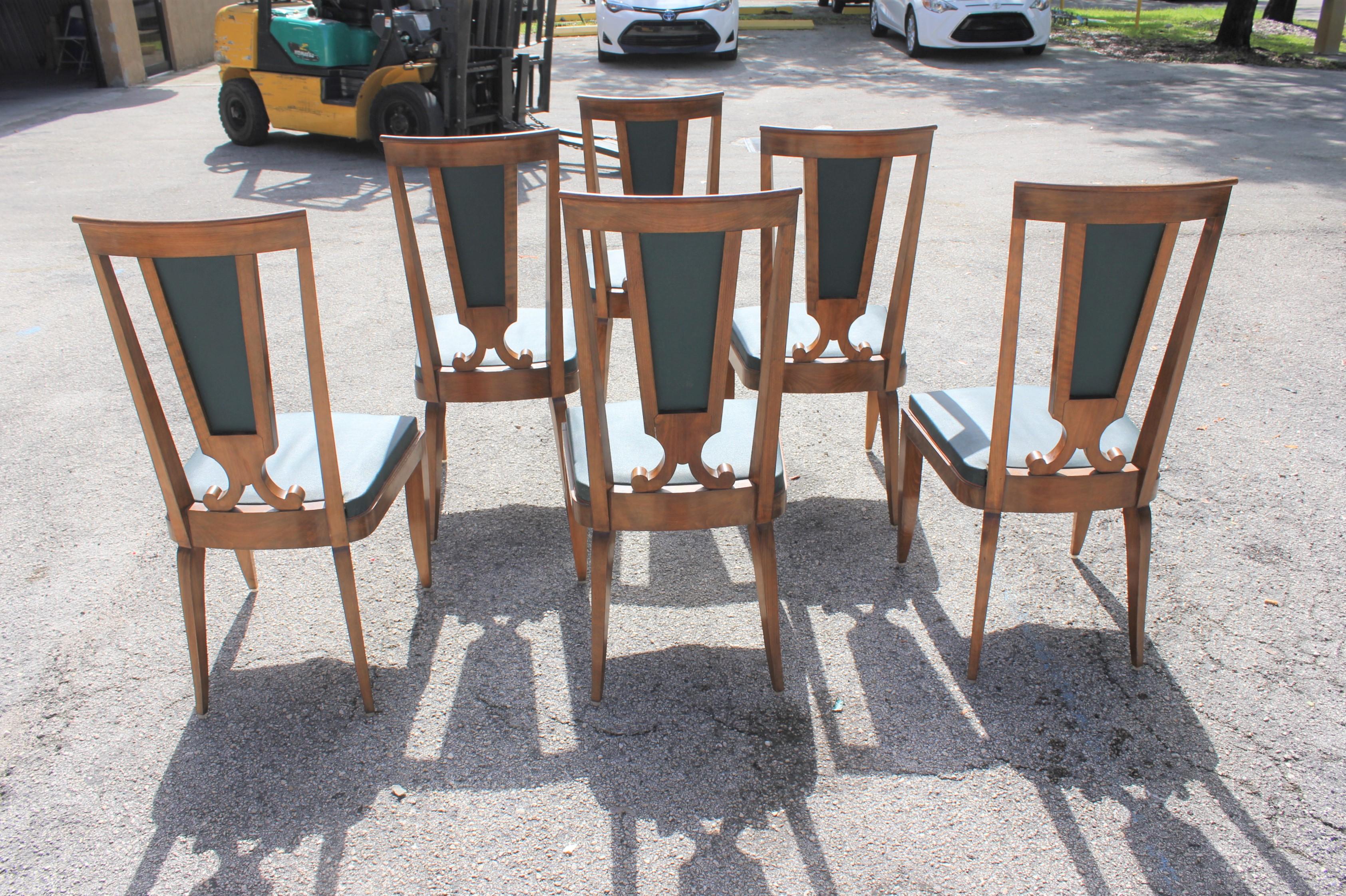 Set of Six French Art Deco Solid Mahogany Dining Chairs by Jules Leleu 1