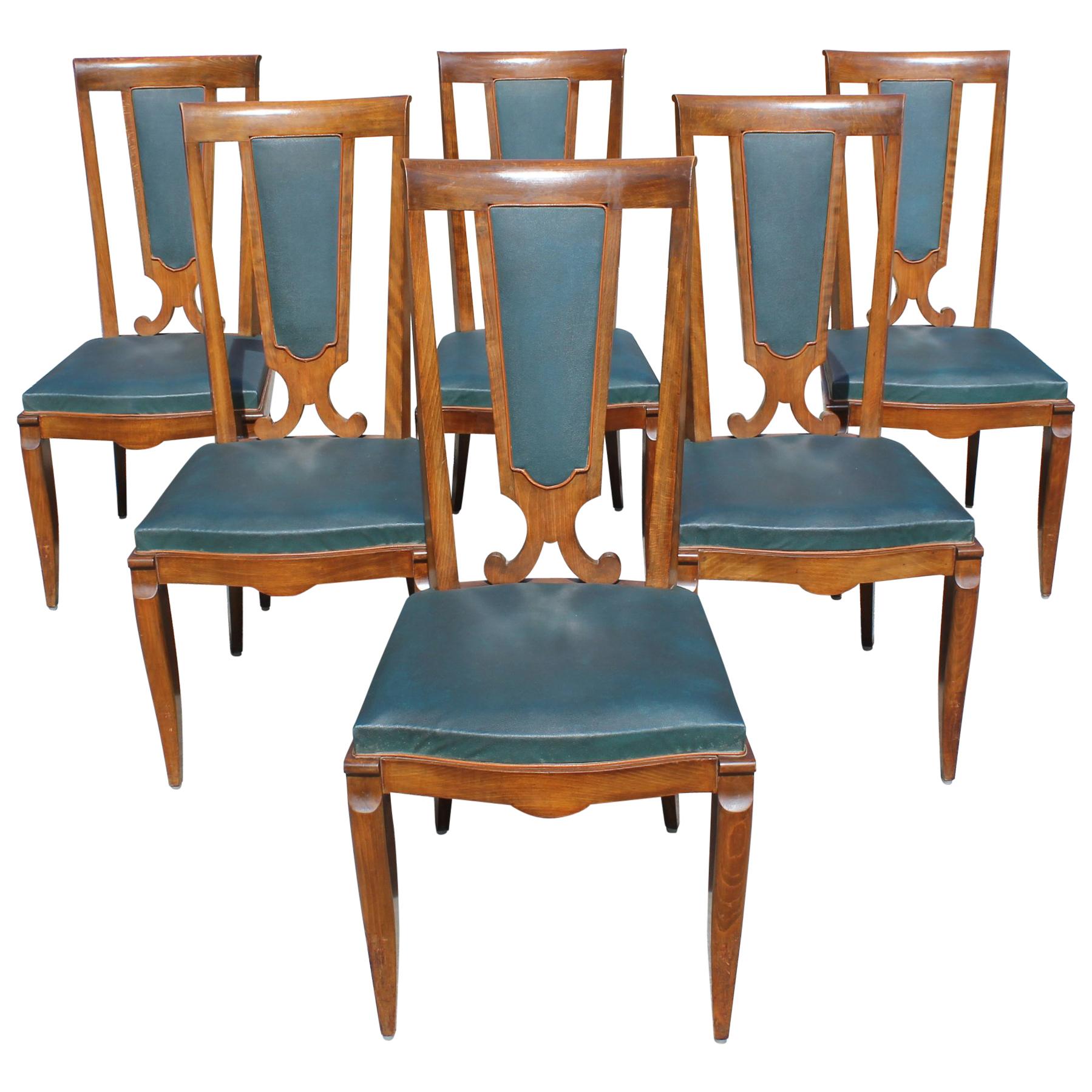 Set of Six French Art Deco Solid Mahogany Dining Chairs by Jules Leleu