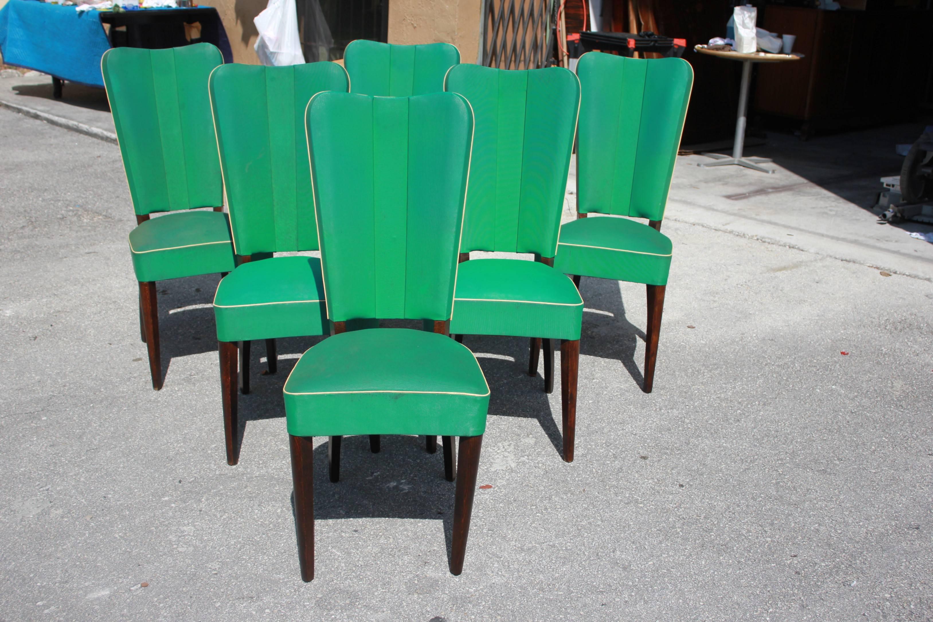 Set of Six French Art Deco Solid Mahogany Dining Chairs by Jules Leleu Style 10