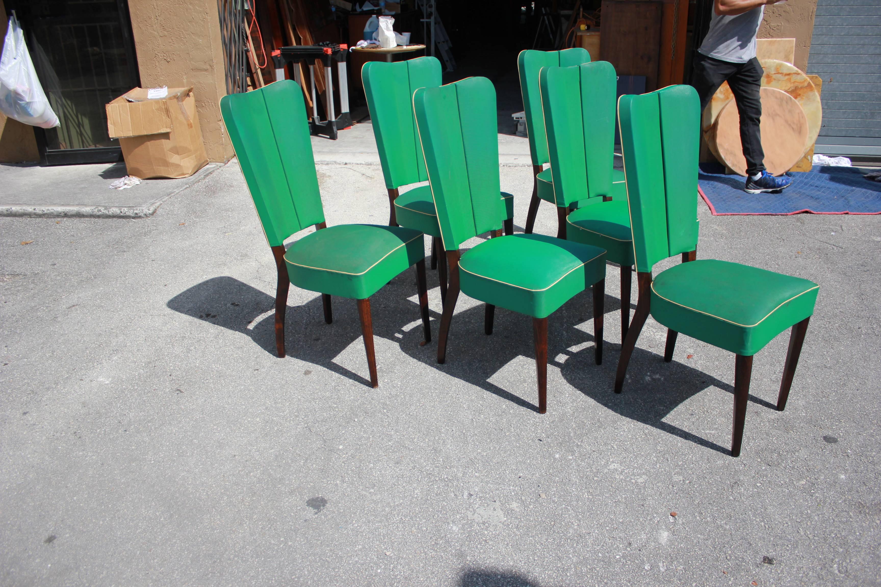 Set of Six French Art Deco Solid Mahogany Dining Chairs by Jules Leleu Style In Good Condition In Hialeah, FL