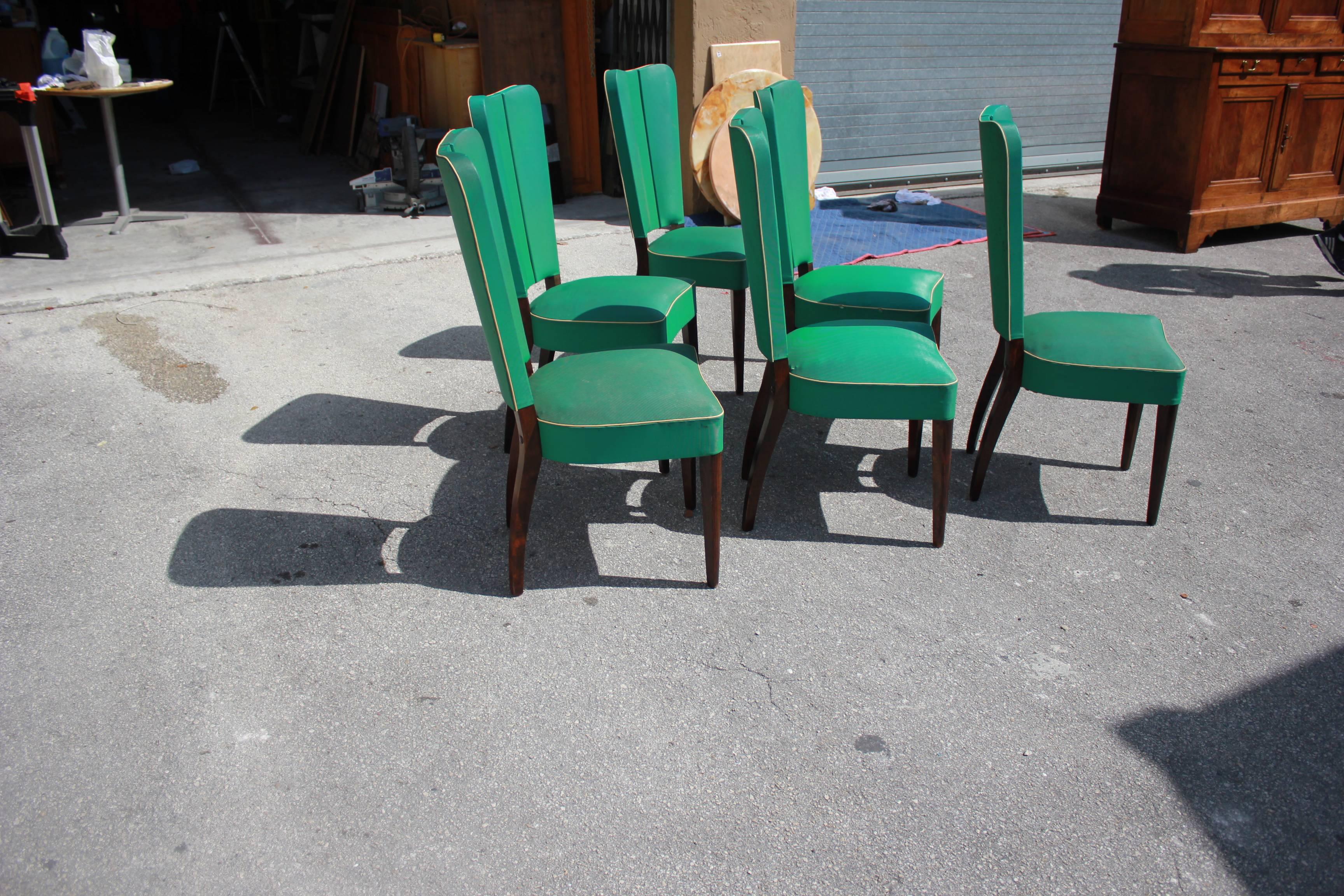 Mid-20th Century Set of Six French Art Deco Solid Mahogany Dining Chairs by Jules Leleu Style