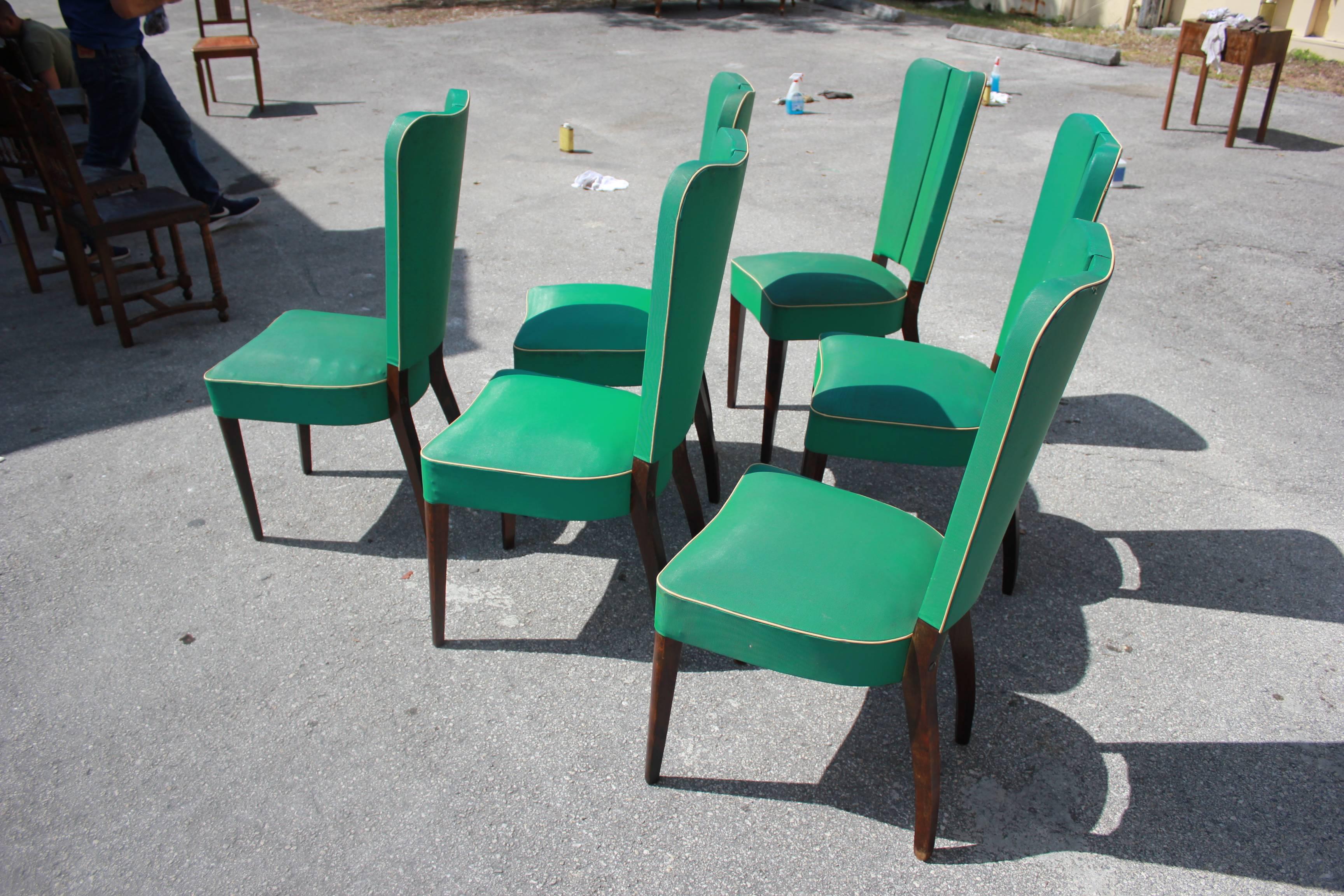 Set of Six French Art Deco Solid Mahogany Dining Chairs by Jules Leleu Style 2