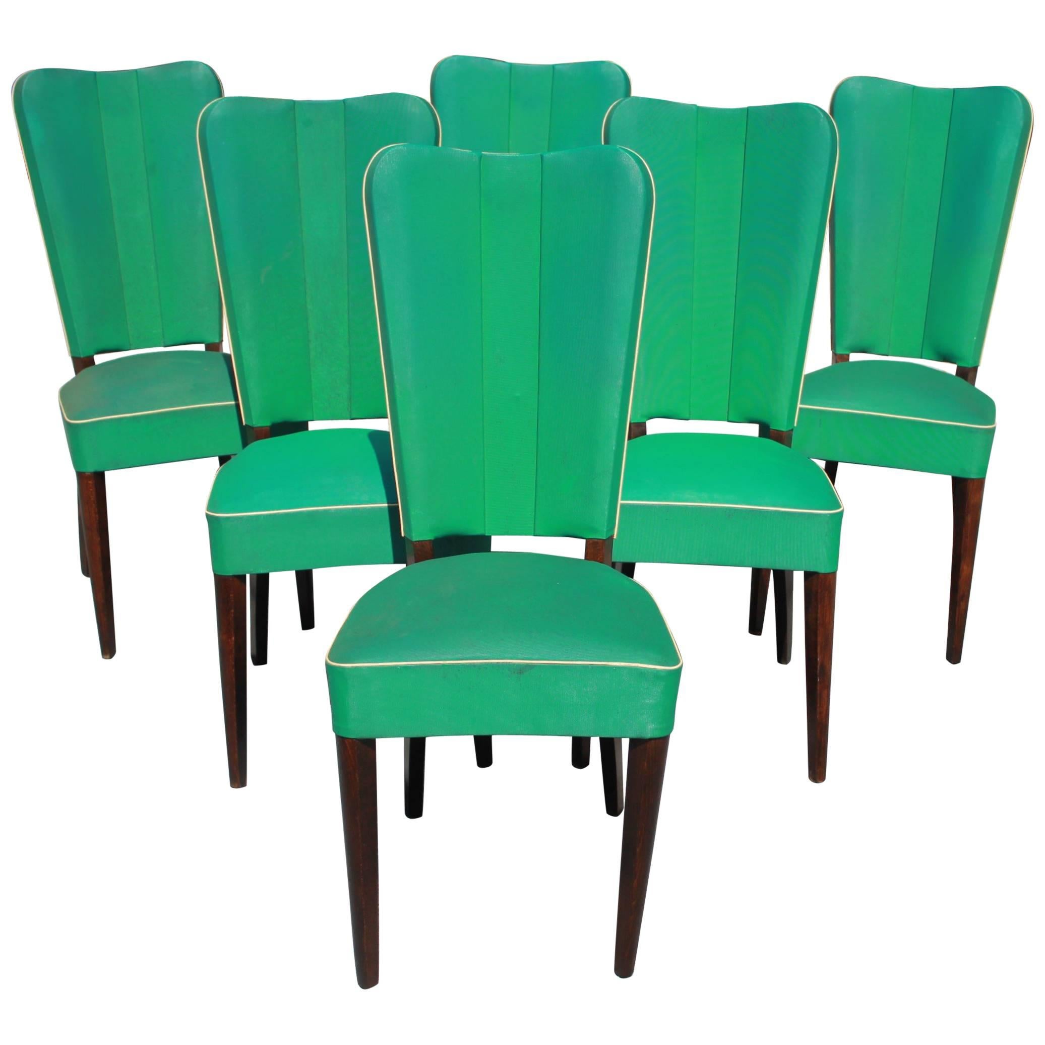 Set of Six French Art Deco Solid Mahogany Dining Chairs by Jules Leleu Style