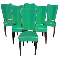 Set of Six French Art Deco Solid Mahogany Dining Chairs by Jules Leleu Style