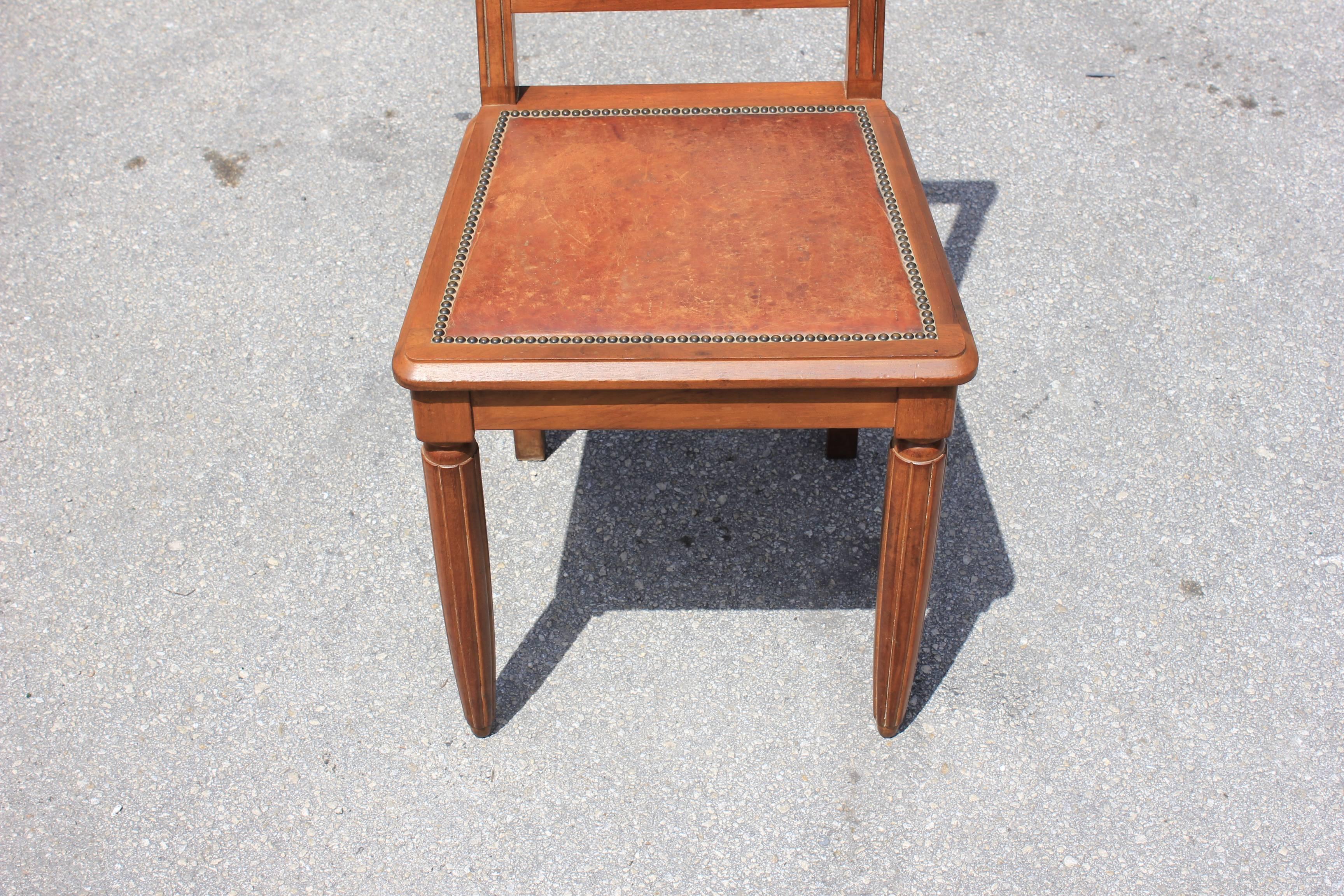 Set of Six French Art Deco Solid Walnut Leather Seat Dining Chairs, circa 1940s 6