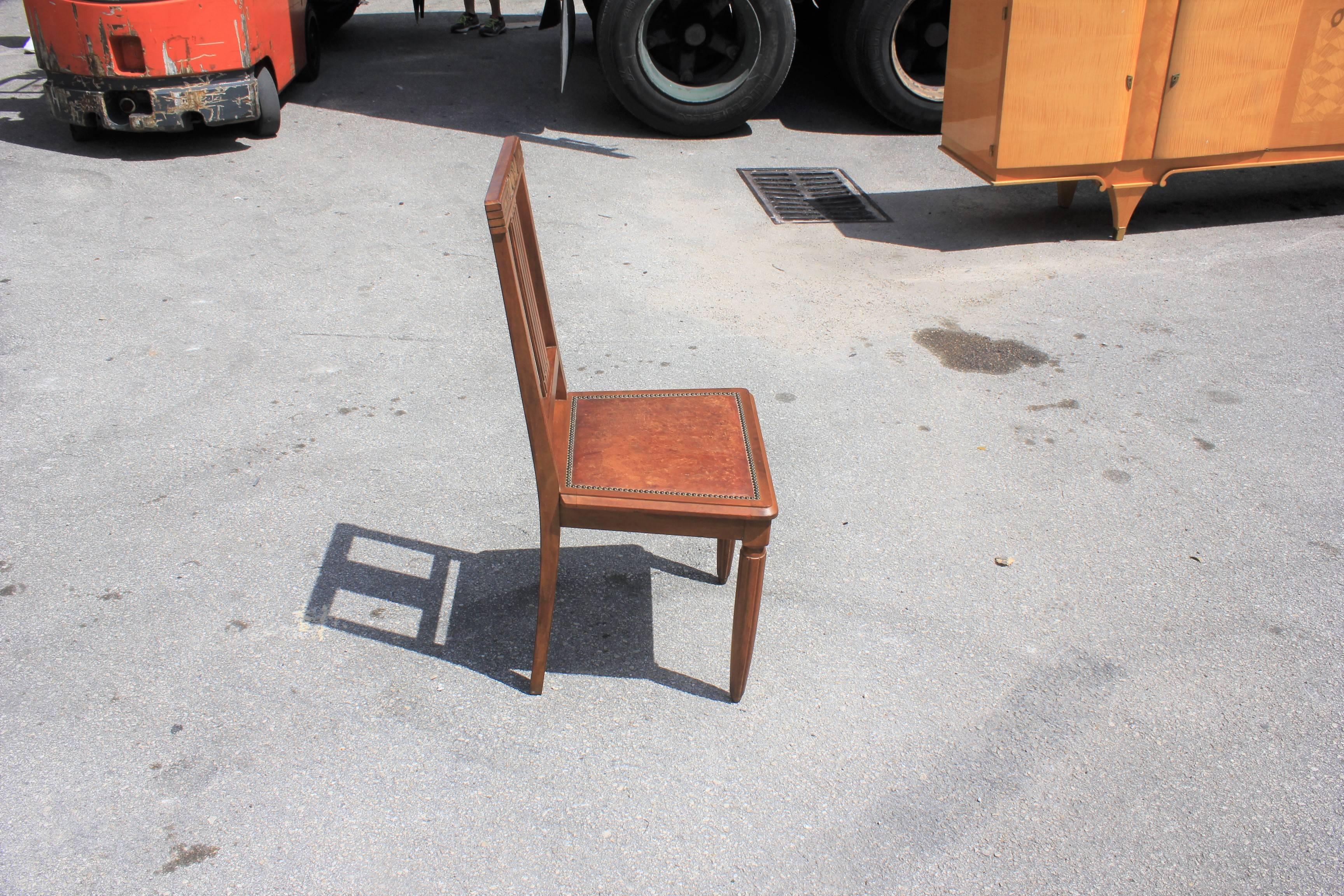 Set of Six French Art Deco Solid Walnut Leather Seat Dining Chairs, circa 1940s 7