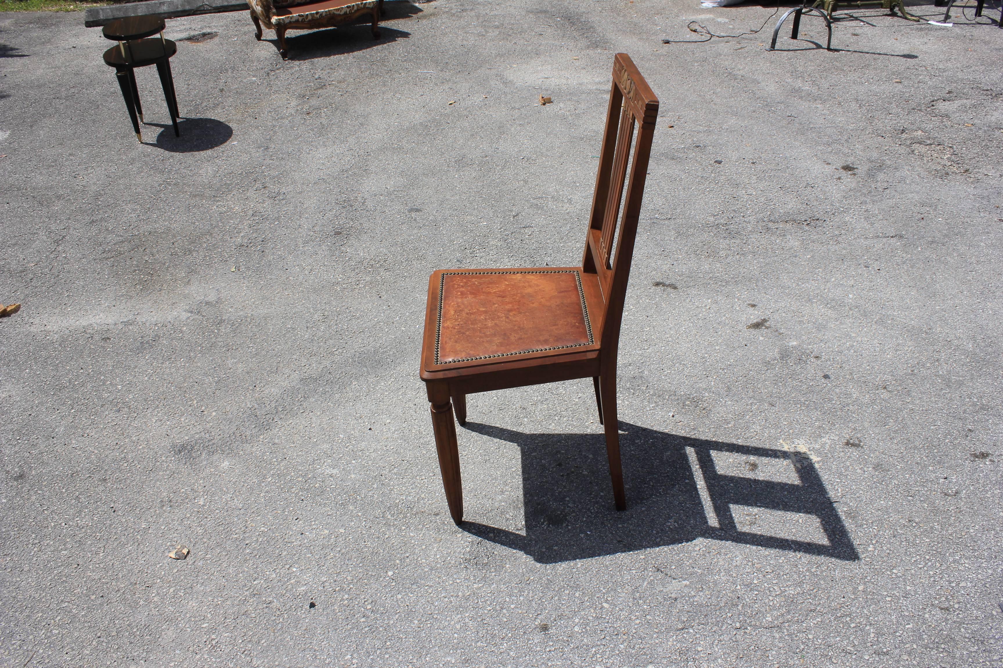 Set of Six French Art Deco Solid Walnut Leather Seat Dining Chairs, circa 1940s 9