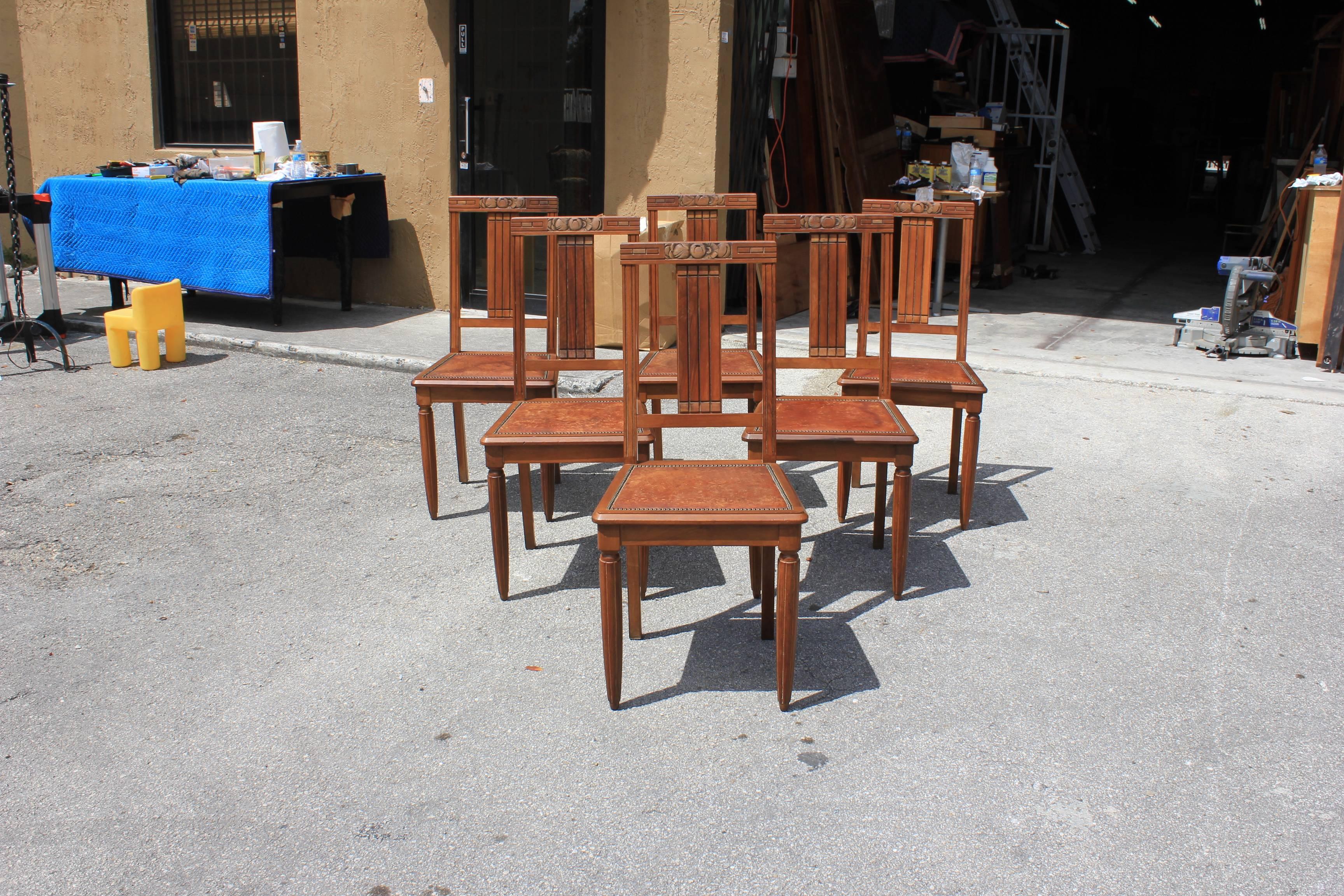 Set of Six French Art Deco Solid Walnut Leather Seat Dining Chairs, circa 1940s 1