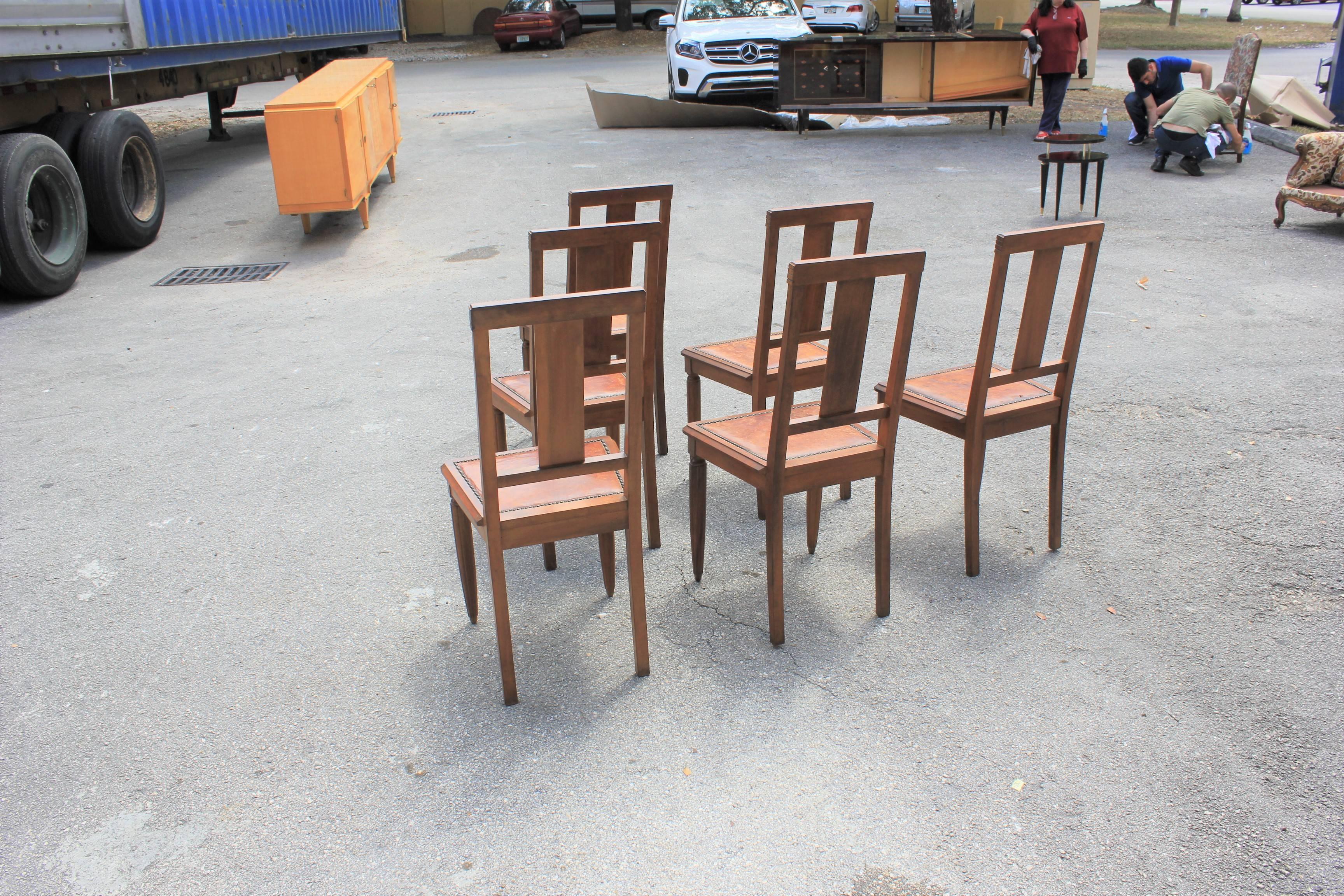 Set of Six French Art Deco Solid Walnut Leather Seat Dining Chairs, circa 1940s 2