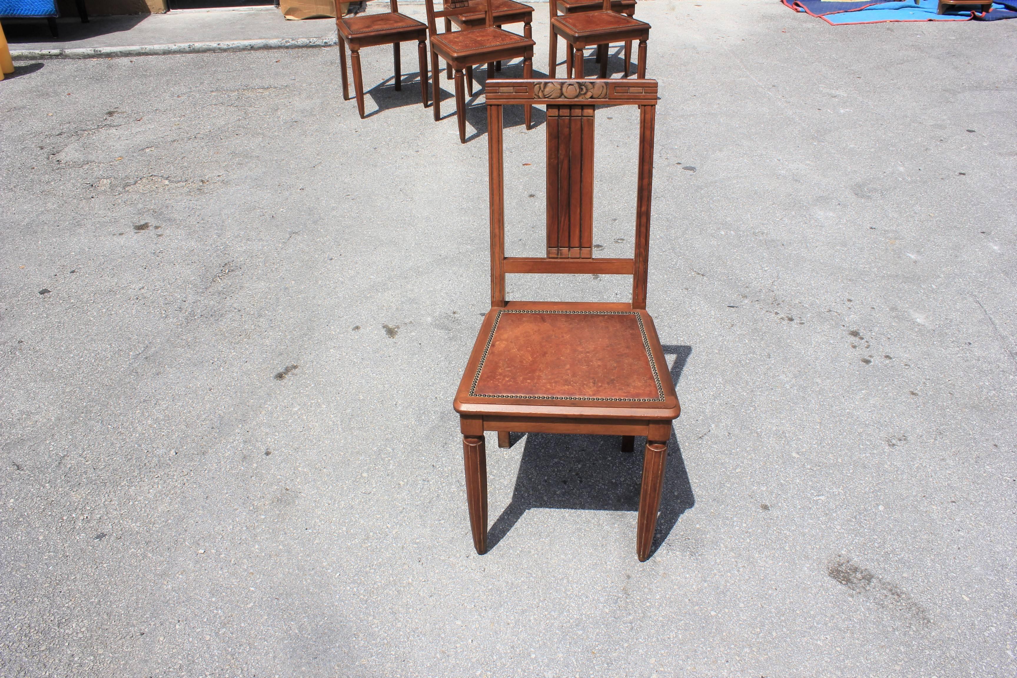 Set of Six French Art Deco Solid Walnut Leather Seat Dining Chairs, circa 1940s 4