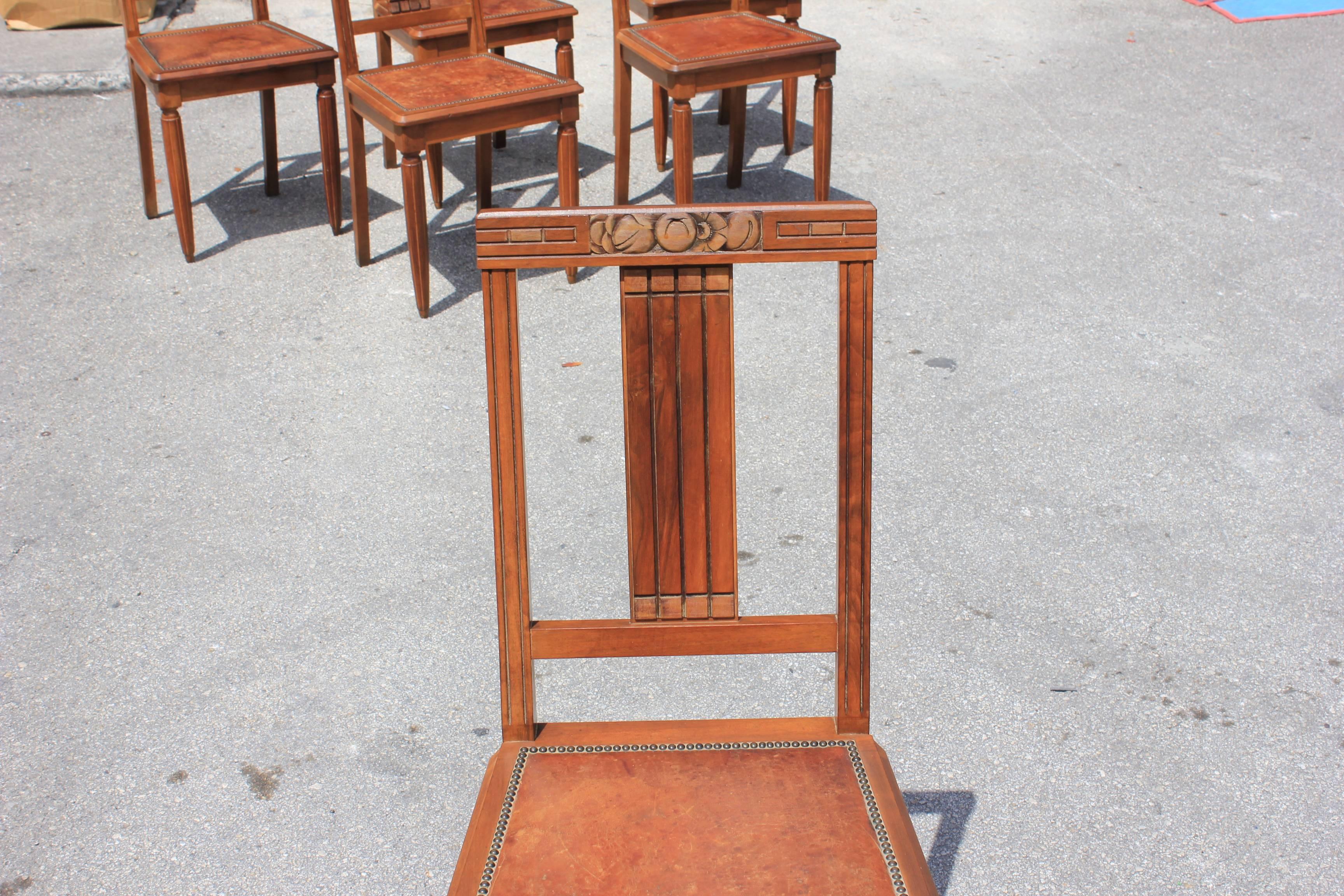 Set of Six French Art Deco Solid Walnut Leather Seat Dining Chairs, circa 1940s 5