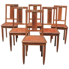 Set of Six French Art Deco Solid Walnut Leather Seat Dining Chairs, circa 1940s