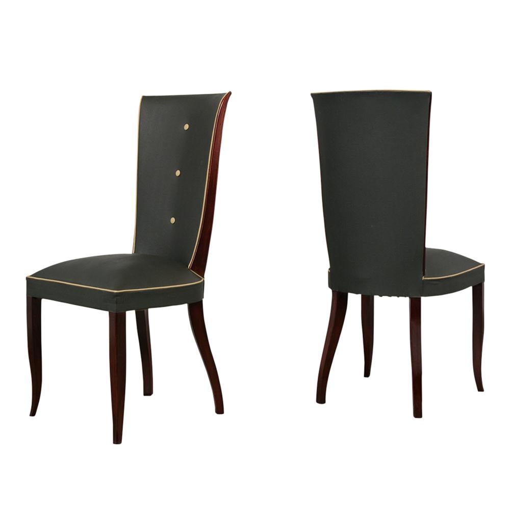 Indulge in the opulence of the Art Deco era with our stunning set of six French-style dining chairs. Each chair has been carefully stained in a rich, dark mahogany hue, imparting a sense of depth and elegance to the wood. A polished lacquer finish