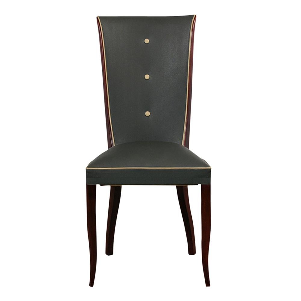 Tacheté Ensemble de six chaises de salle à manger de style Art déco français en acajou avec vinyle vert d'origine en vente