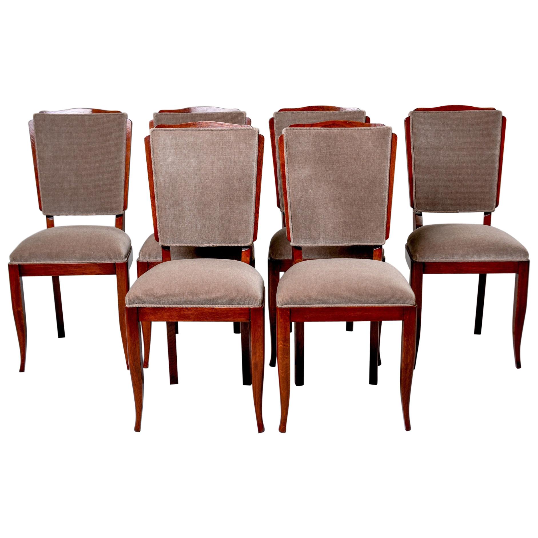 Set of Six French Art Deco Style Dining Chairs with New Upholstery at