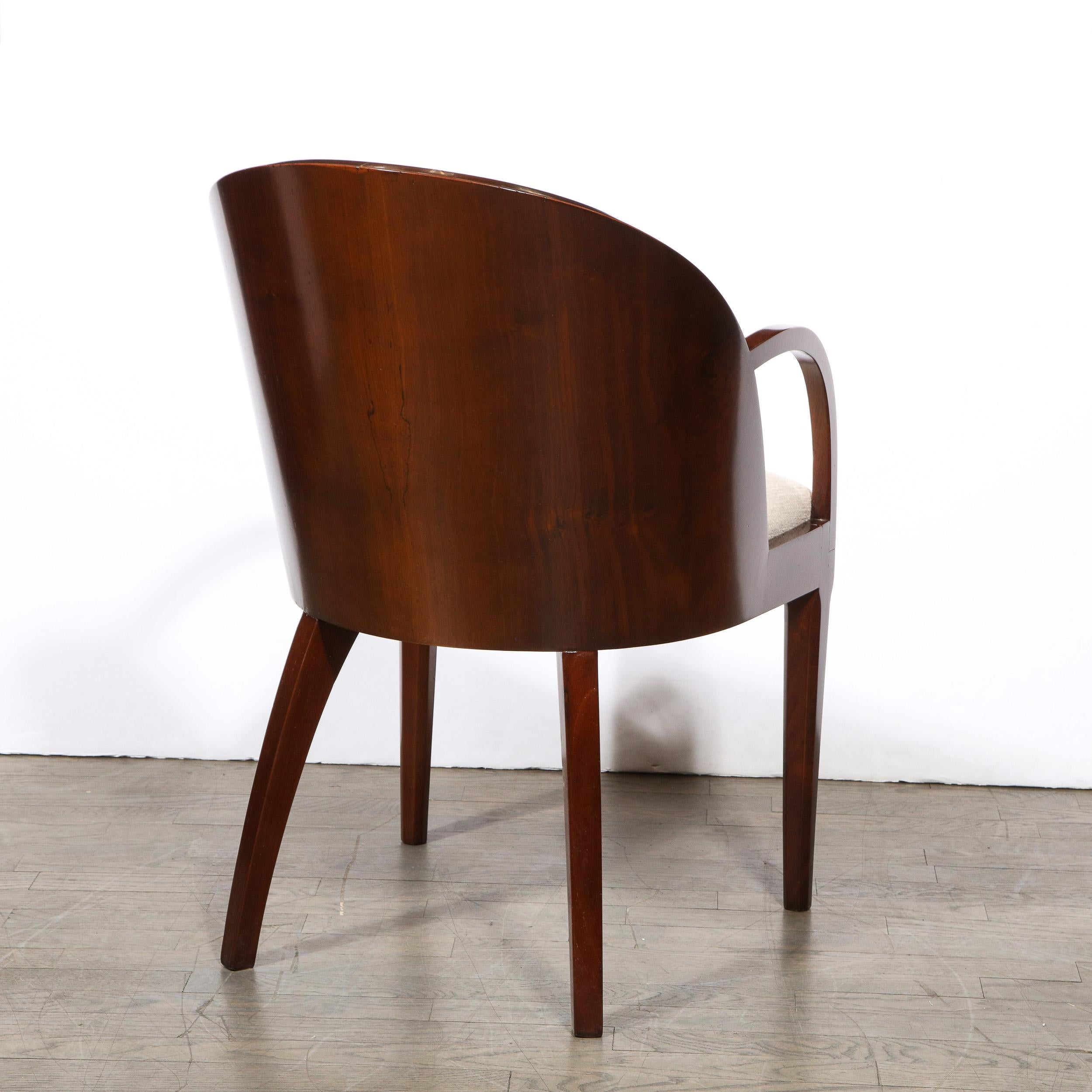 Set of Six French Art Deco Walnut Barrel Back Arm Chairs w/ Klismos Style Legs 3