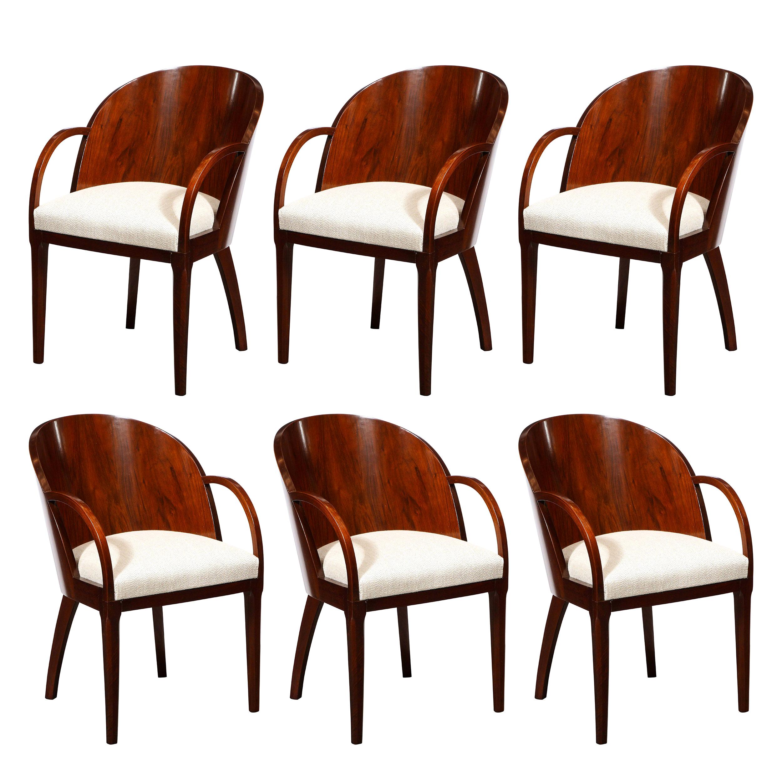 Set of Six French Art Deco Walnut Barrel Back Arm Chairs w/ Klismos Style Legs