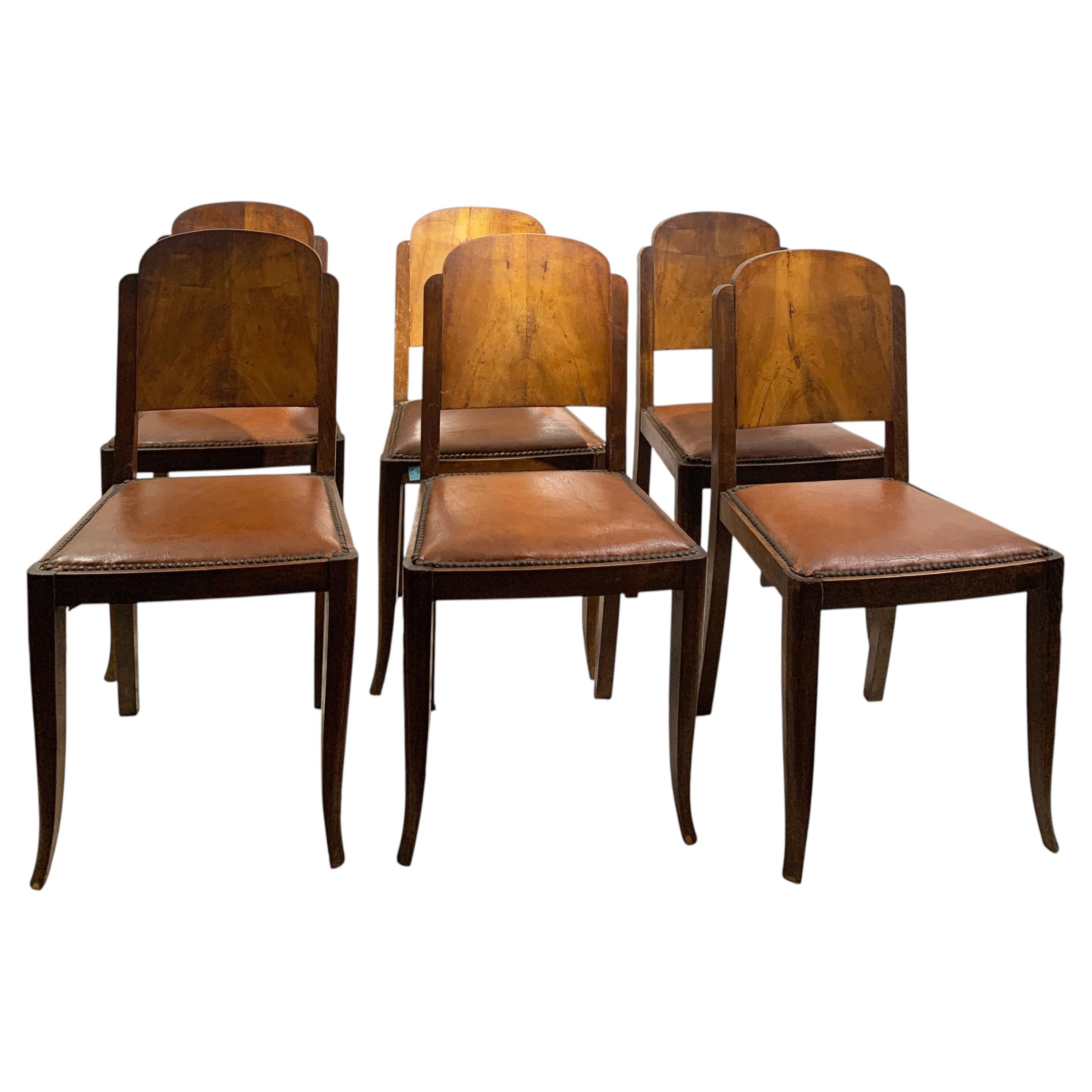 Set of Six Art Deco Walnut Dining Chairs with Arched Backs, France, 1930s